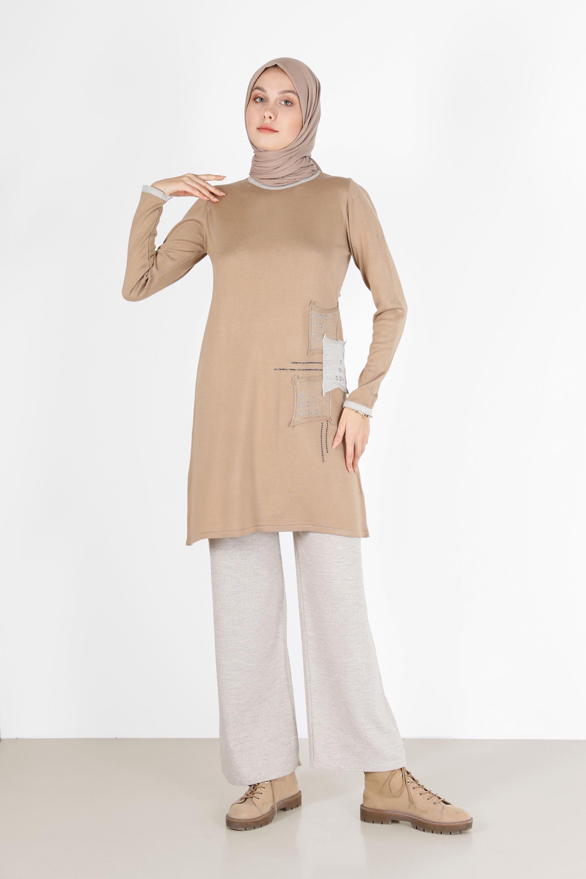 Tesettür giyim KAHVE YAMA DETAYLI TRİKO TUNİK 42033 