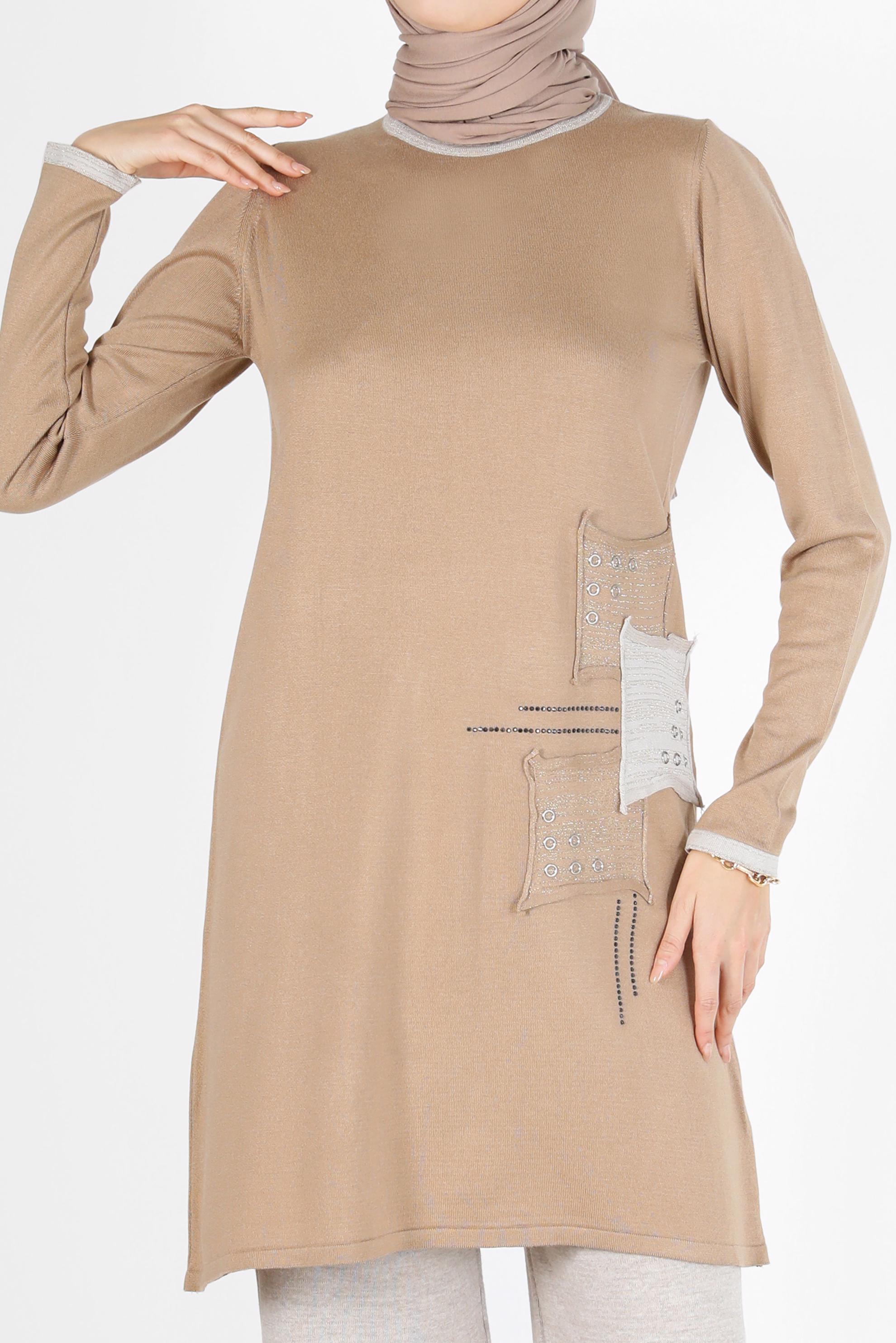 Tesettür giyim KAHVE YAMA DETAYLI TRİKO TUNİK 42033 