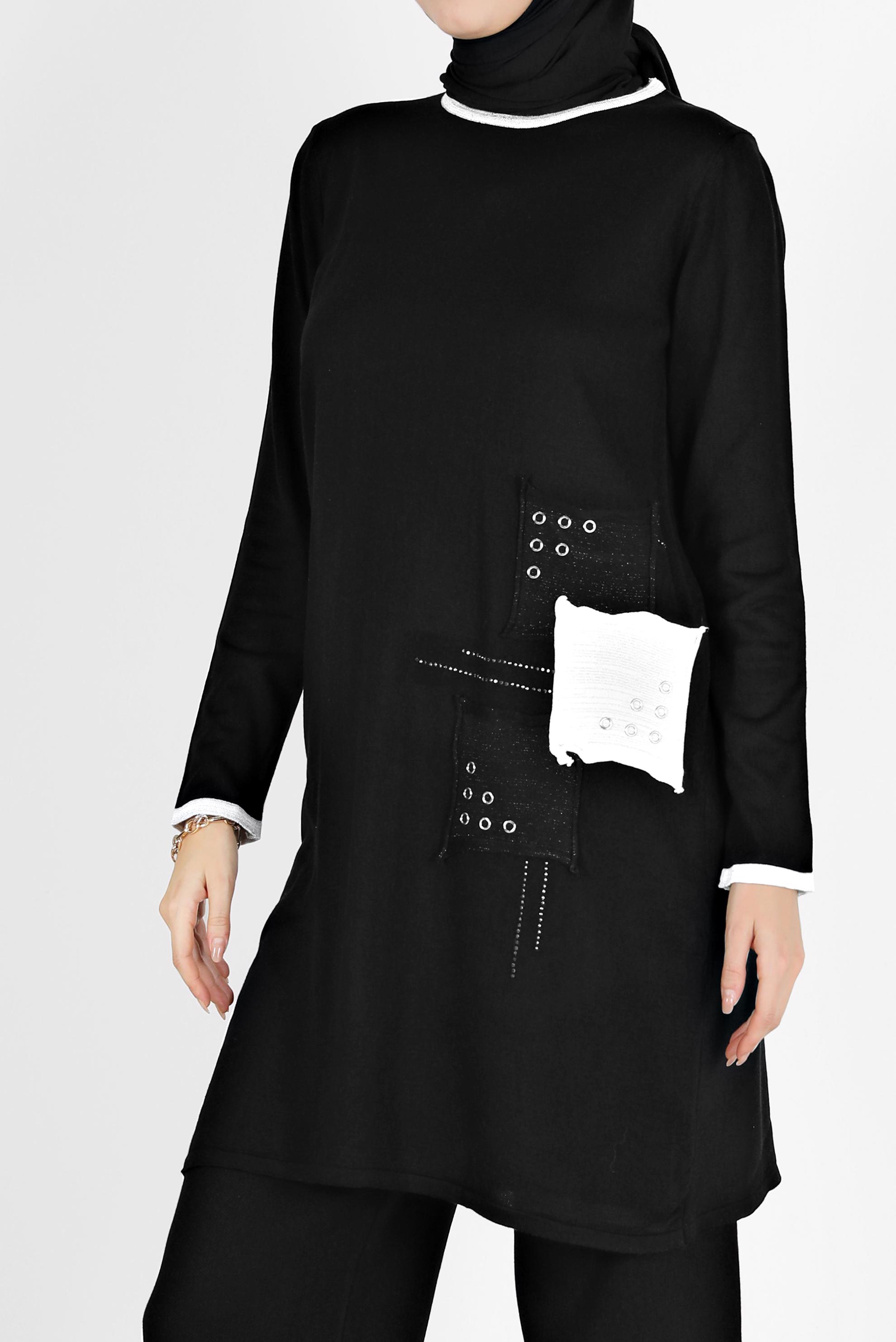 Tesettür giyim SİYAH YAMA DETAYLI TRİKO TUNİK 42033 