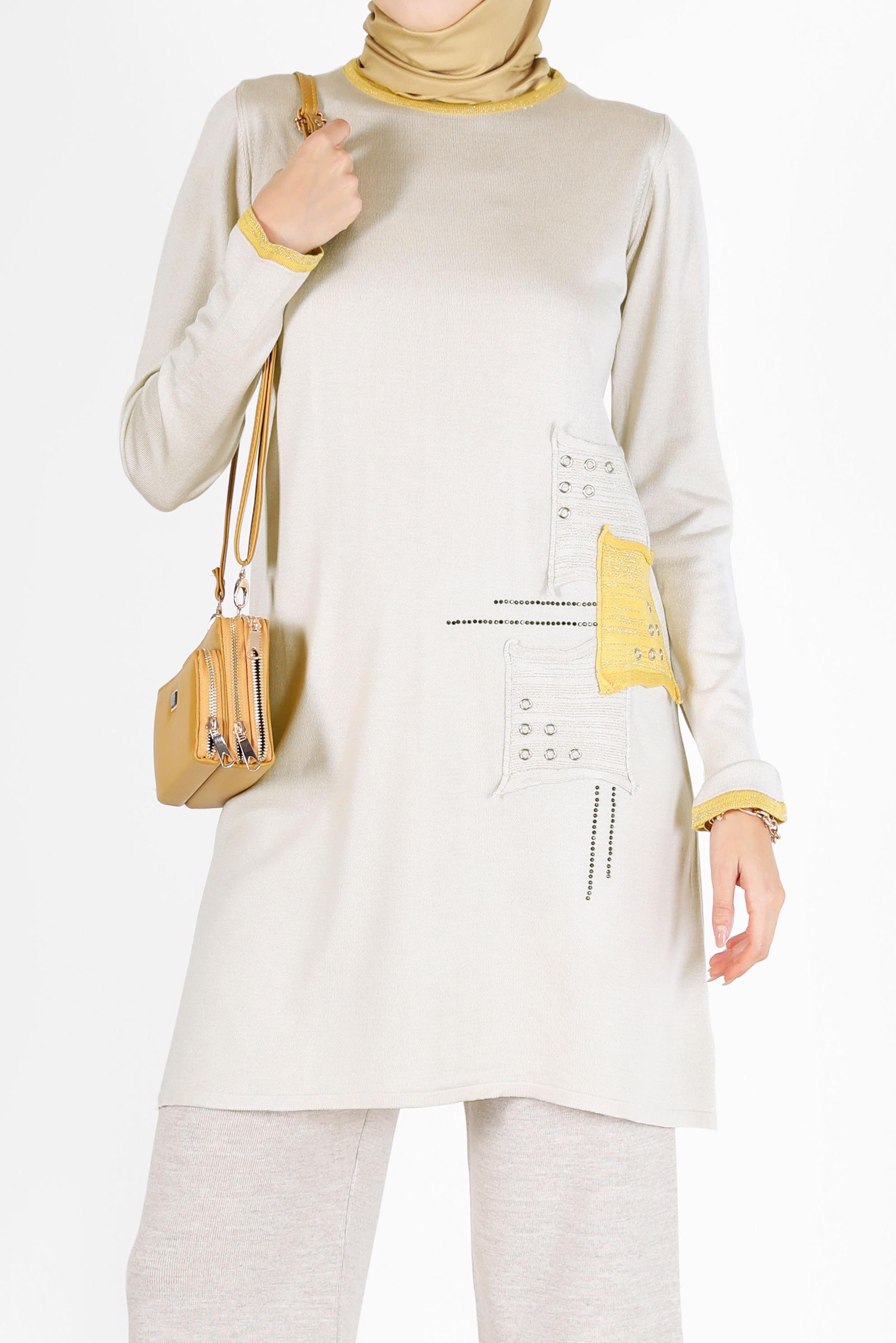 Vêtements hijab BEIGE TUNIQUE EN MAILLE À REPRISER 42033