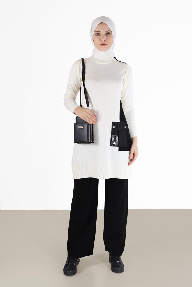 Tesettür giyim BEYAZ YAZI BASKILI CEP DETAYLI TRİKO TUNİK 42034  - ALVİNA