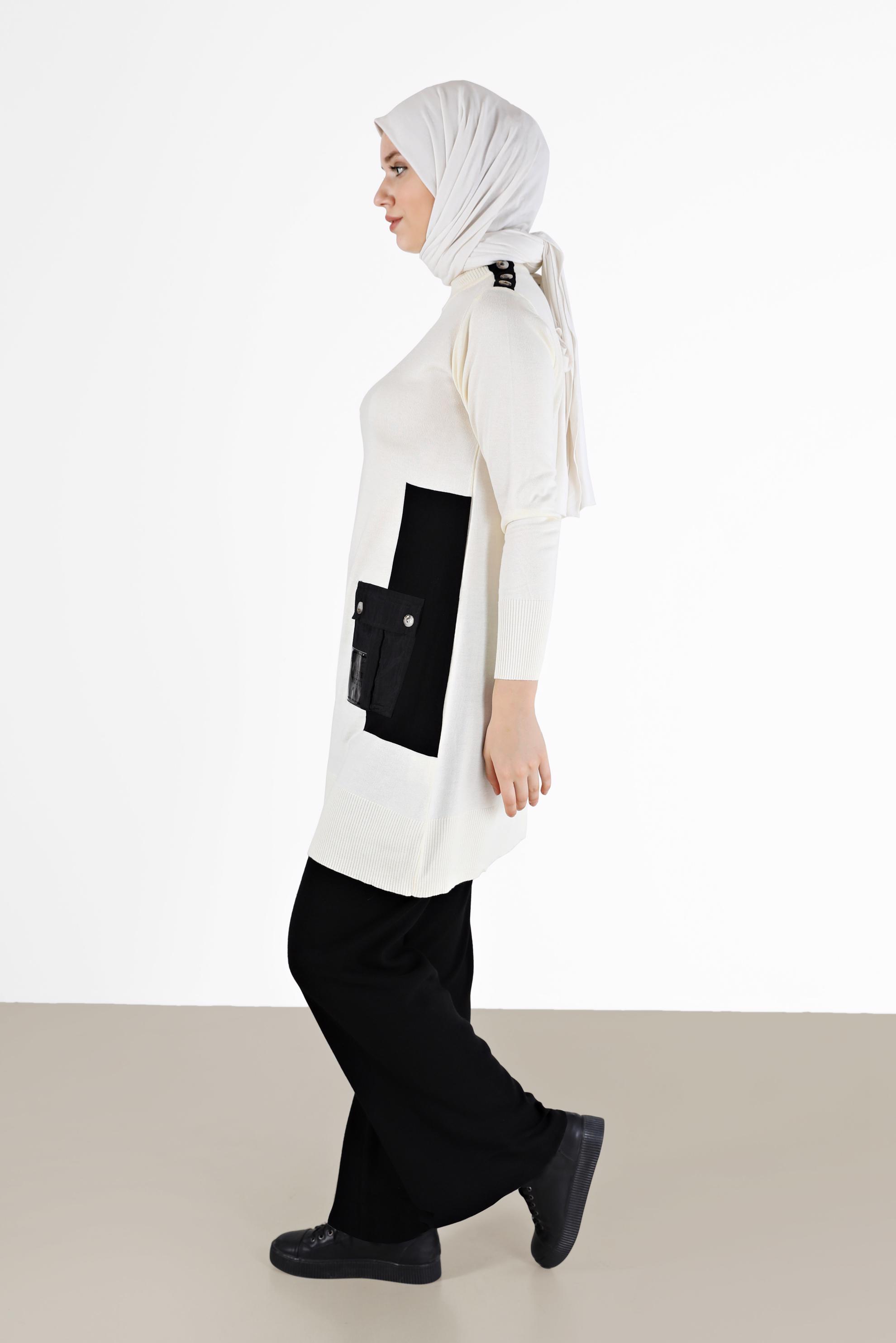 Tesettür giyim BEYAZ YAZI BASKILI CEP DETAYLI TRİKO TUNİK 42034 