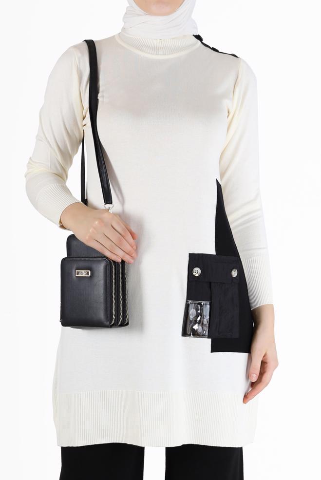 Tesettür giyim BEYAZ YAZI BASKILI CEP DETAYLI TRİKO TUNİK 42034  - ALVİNA