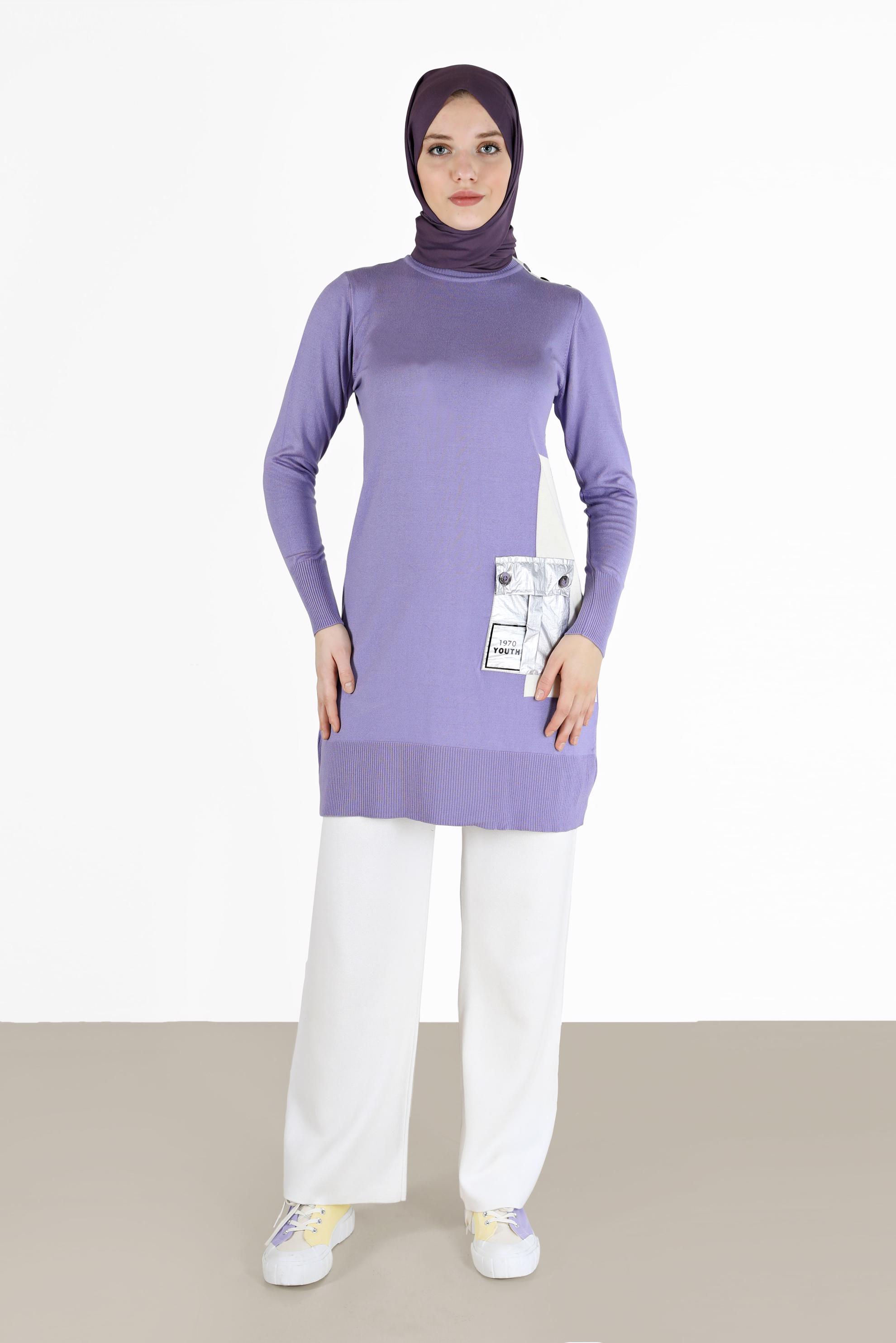 Tesettür giyim MOR YAZI BASKILI CEP DETAYLI TRİKO TUNİK 42034 