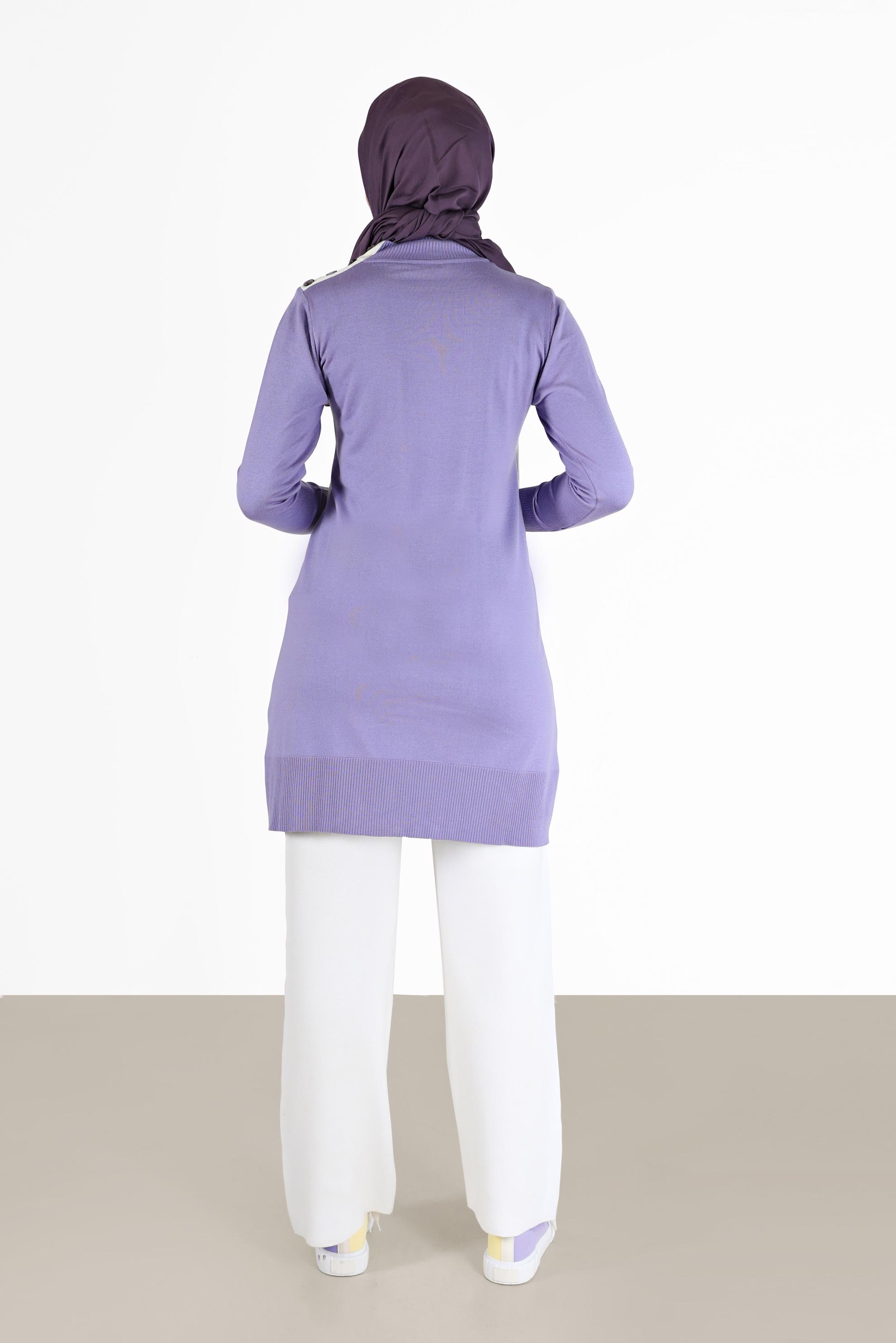 Tesettür giyim MOR YAZI BASKILI CEP DETAYLI TRİKO TUNİK 42034 