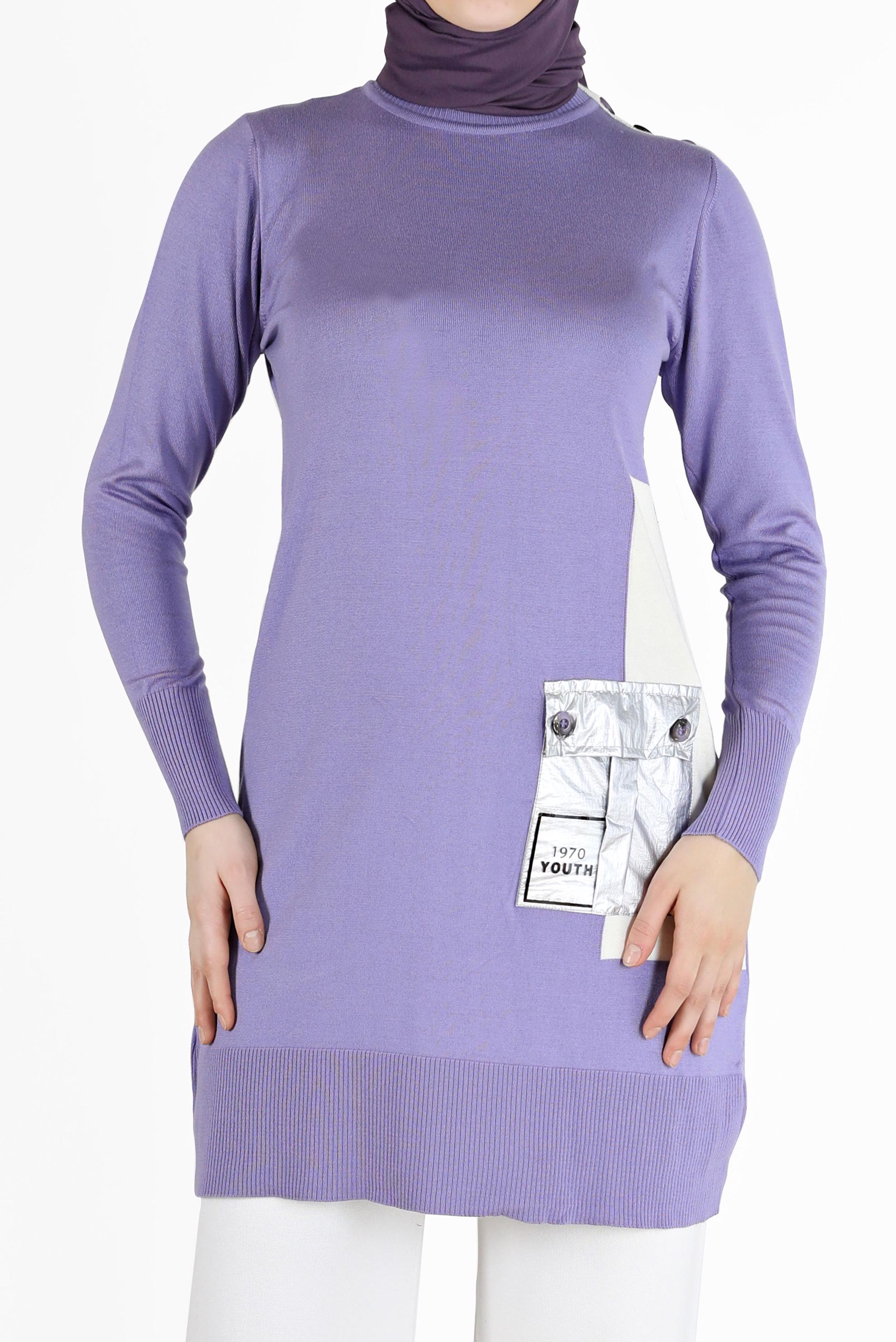 Tesettür giyim MOR YAZI BASKILI CEP DETAYLI TRİKO TUNİK 42034 