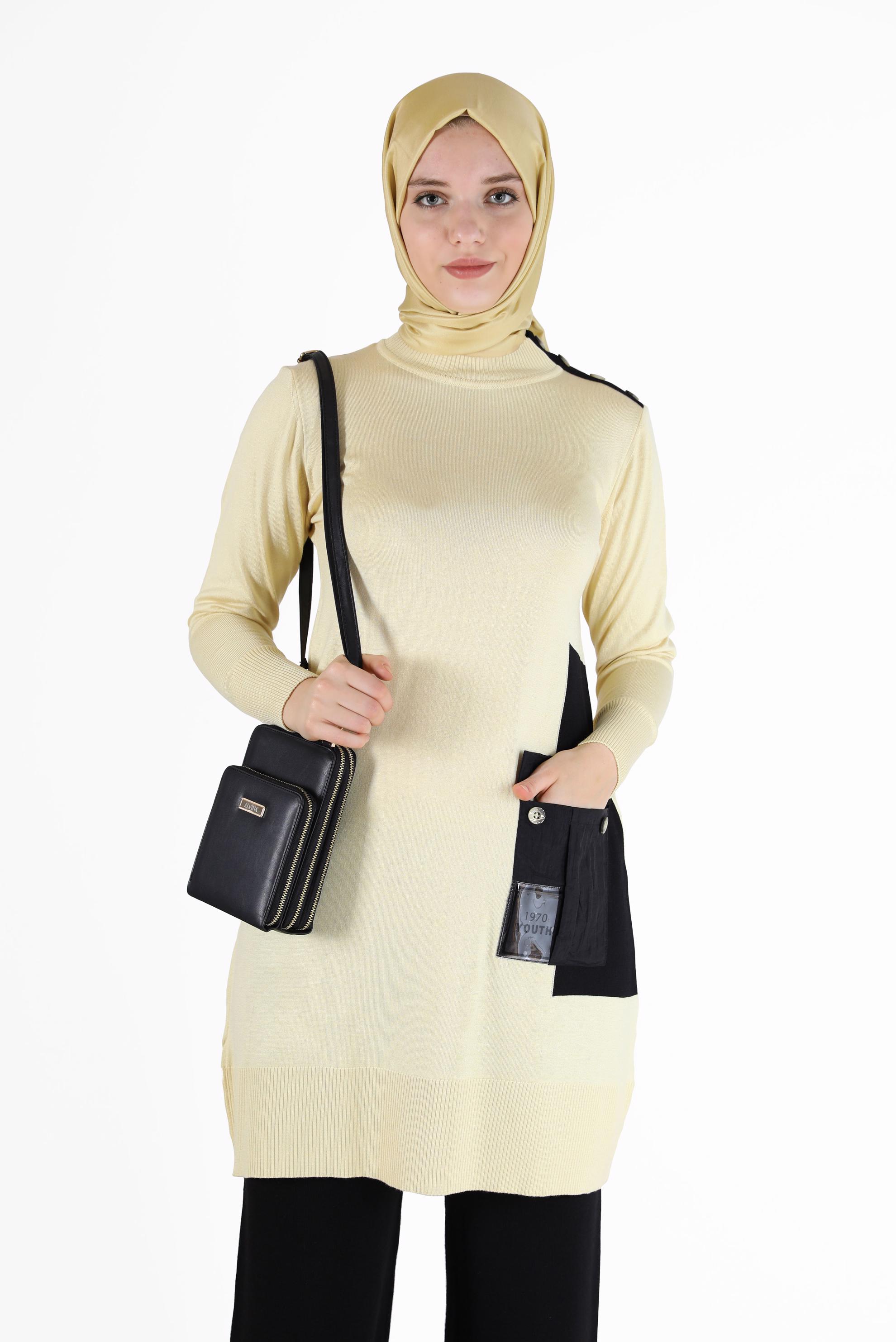 Tesettür giyim SARI YAZI BASKILI CEP DETAYLI TRİKO TUNİK 42034 