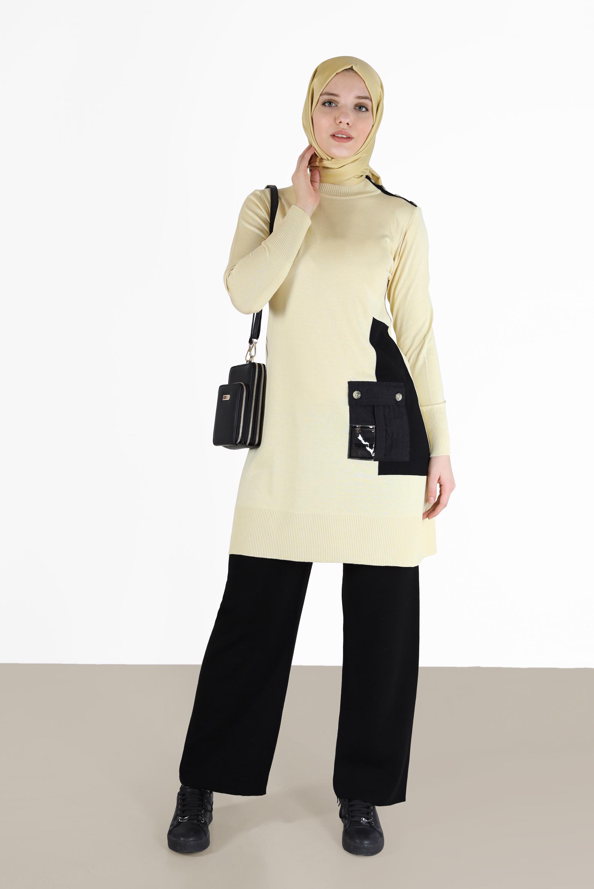 Tesettür giyim SARI YAZI BASKILI CEP DETAYLI TRİKO TUNİK 42034 