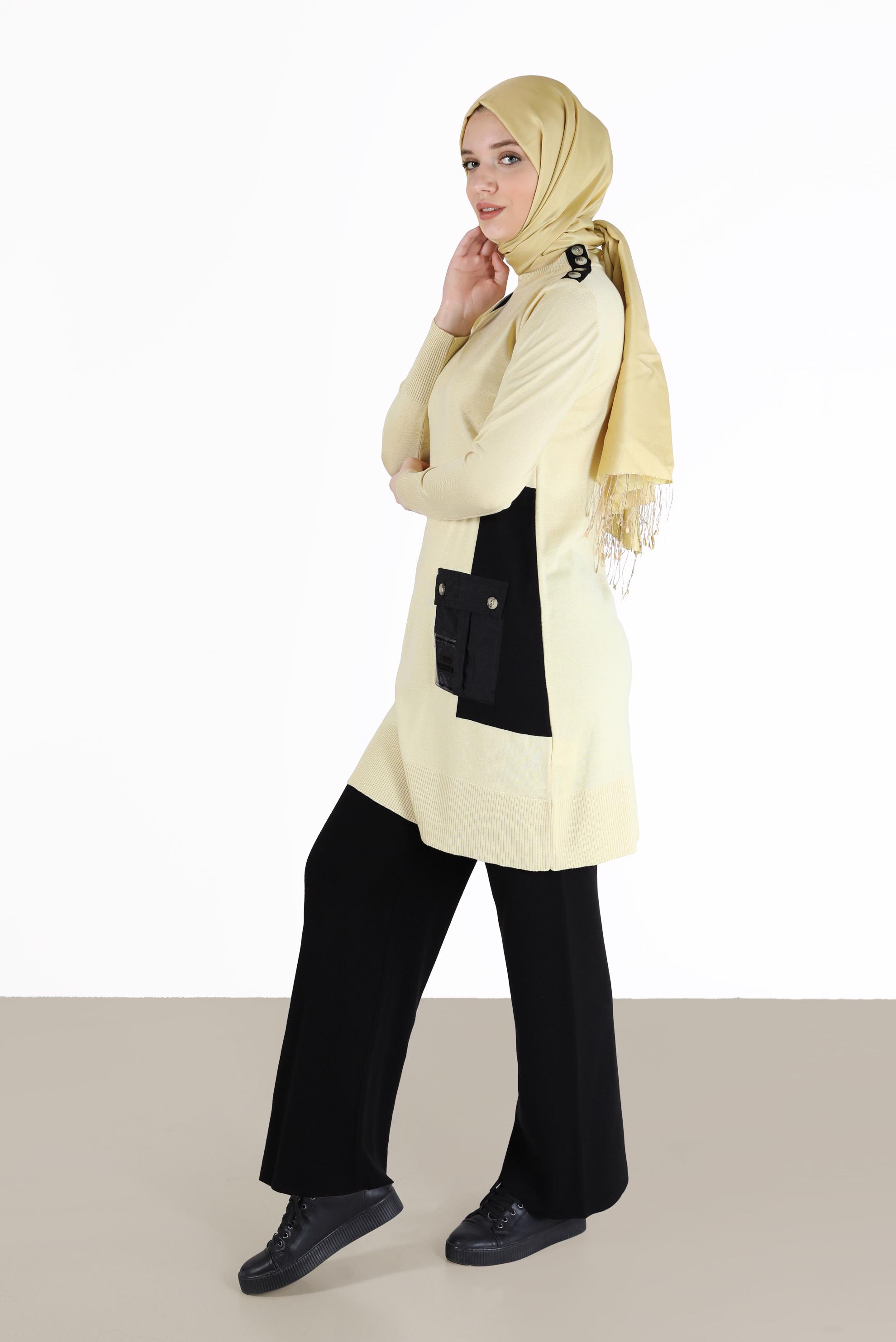 Tesettür giyim SARI YAZI BASKILI CEP DETAYLI TRİKO TUNİK 42034 