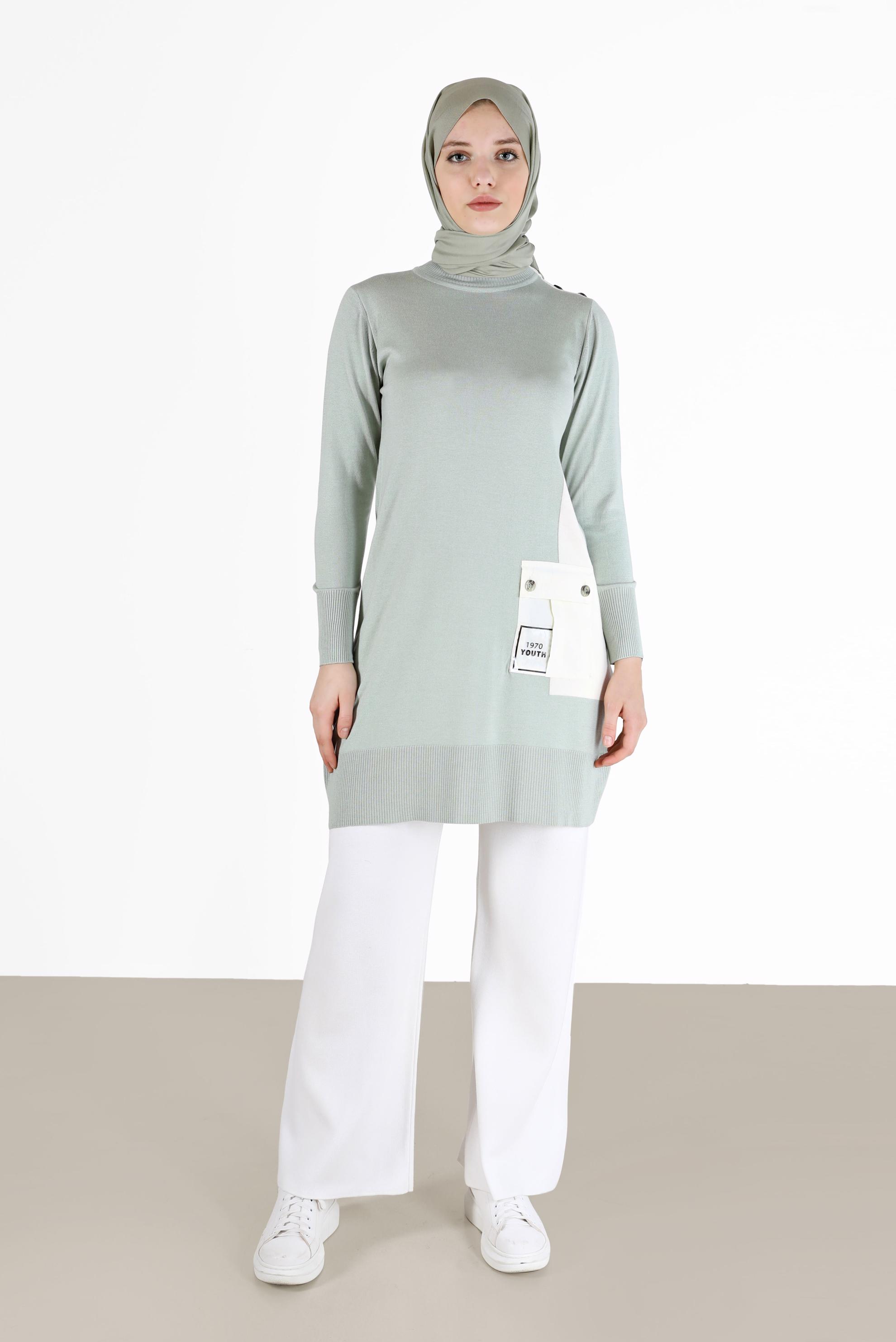 Tesettür giyim YEŞİL YAZI BASKILI CEP DETAYLI TRİKO TUNİK 42034 