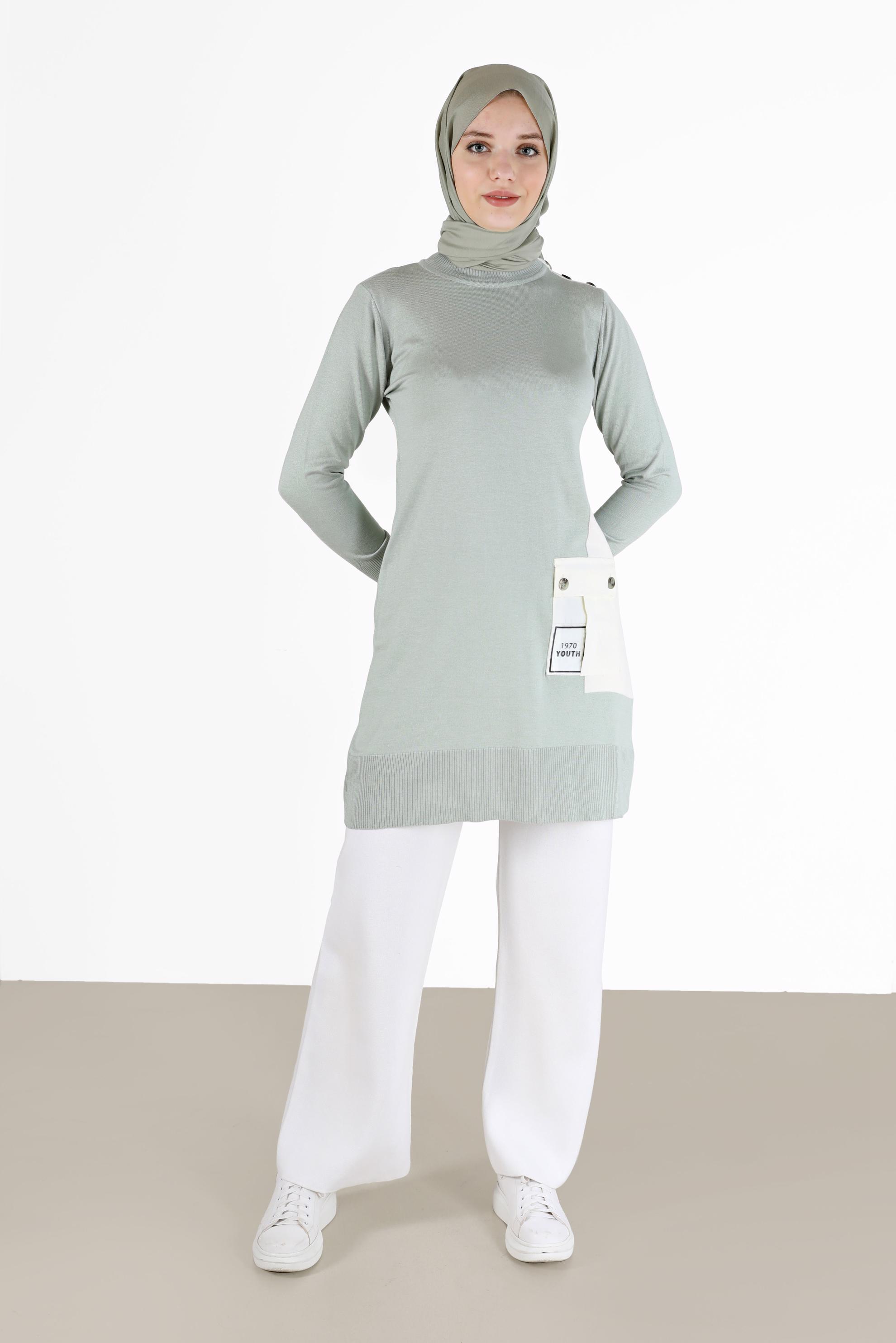 Tesettür giyim YEŞİL YAZI BASKILI CEP DETAYLI TRİKO TUNİK 42034 