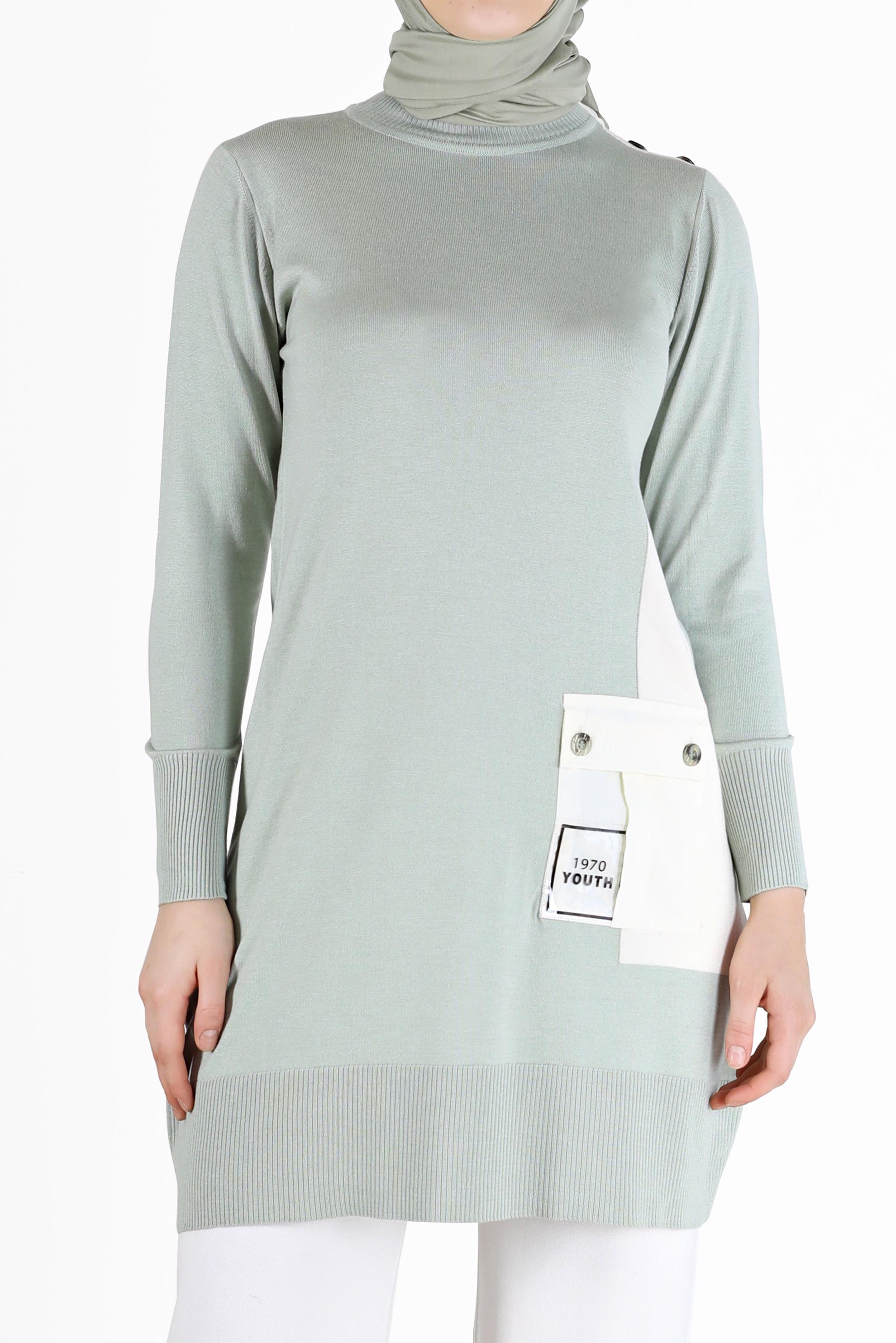 Tesettür giyim YEŞİL YAZI BASKILI CEP DETAYLI TRİKO TUNİK 42034 