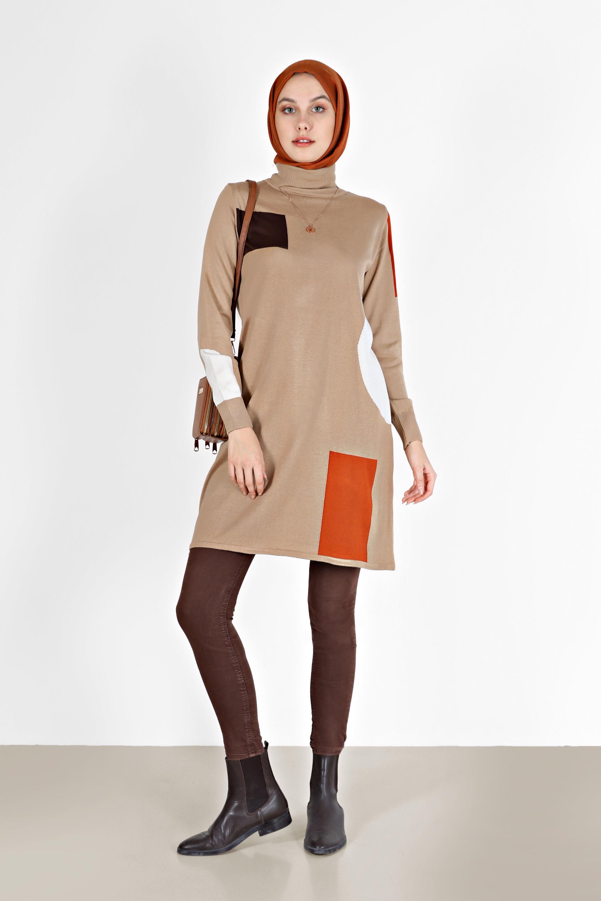 Tesettür giyim KAHVE DESENLİ BALIKÇI YAKA TRİKO TUNİK 42035 