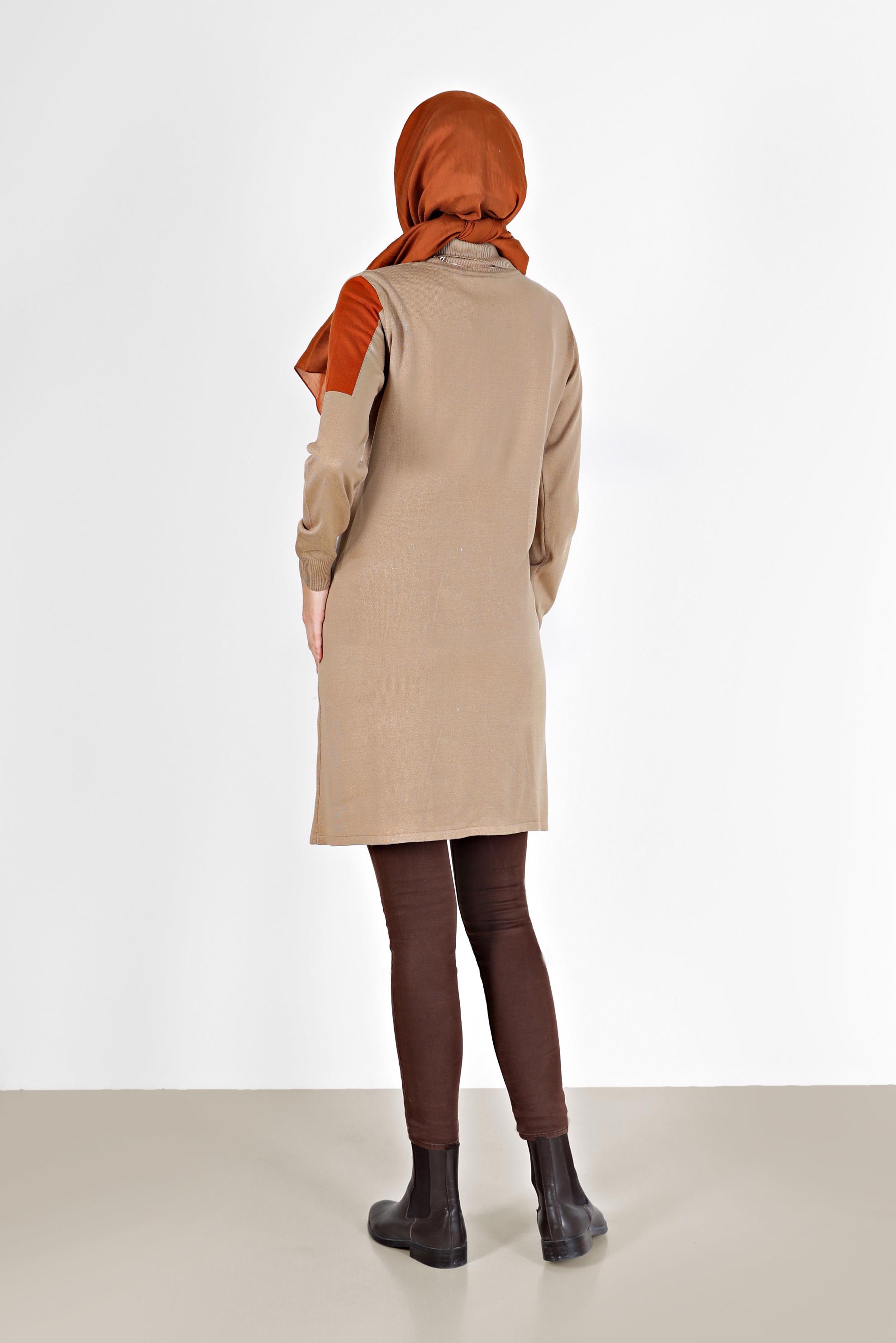 Tesettür giyim KAHVE DESENLİ BALIKÇI YAKA TRİKO TUNİK 42035 