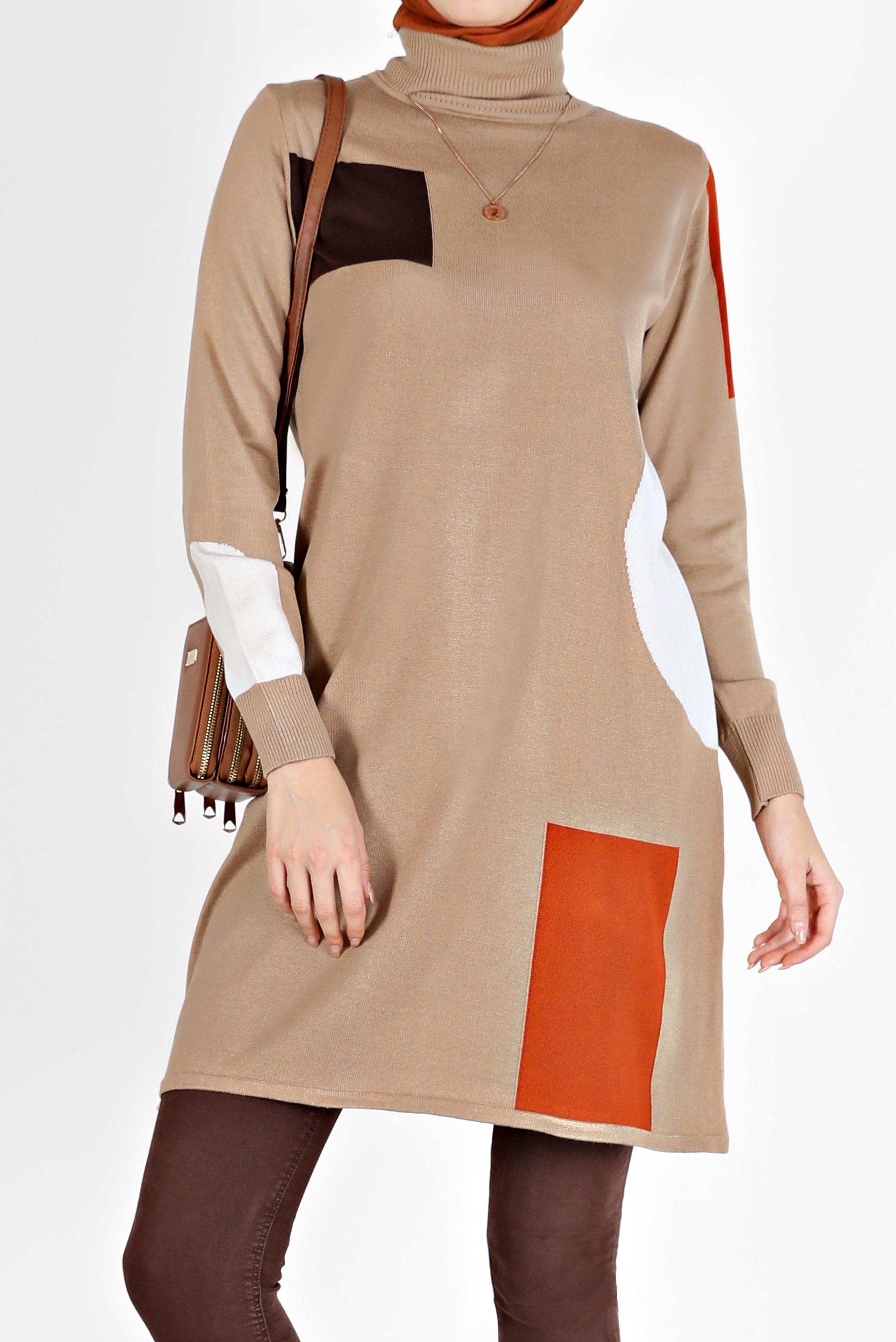 Tesettür giyim KAHVE DESENLİ BALIKÇI YAKA TRİKO TUNİK 42035 