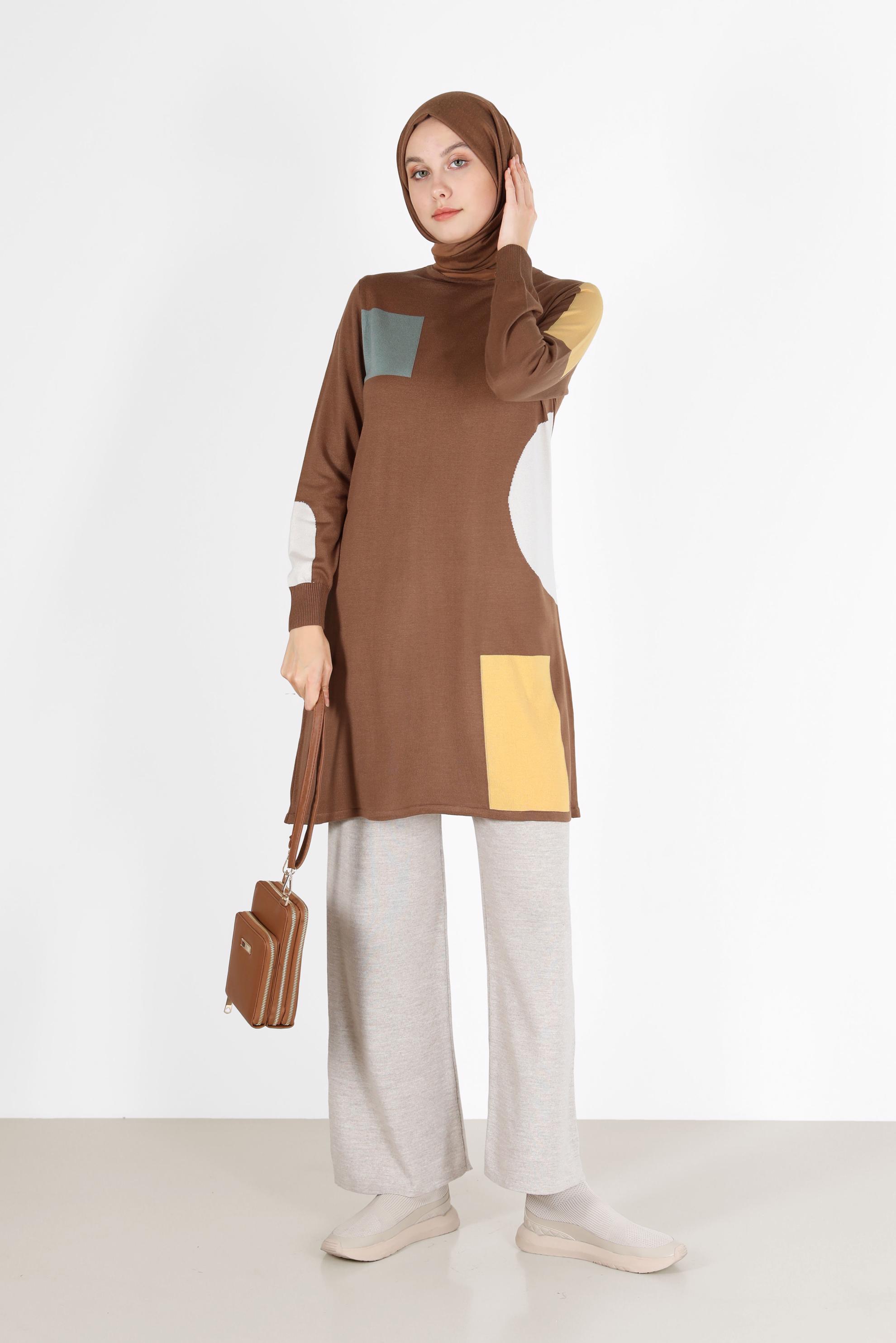 Tesettür giyim TABA DESENLİ BALIKÇI YAKA TRİKO TUNİK 42035 