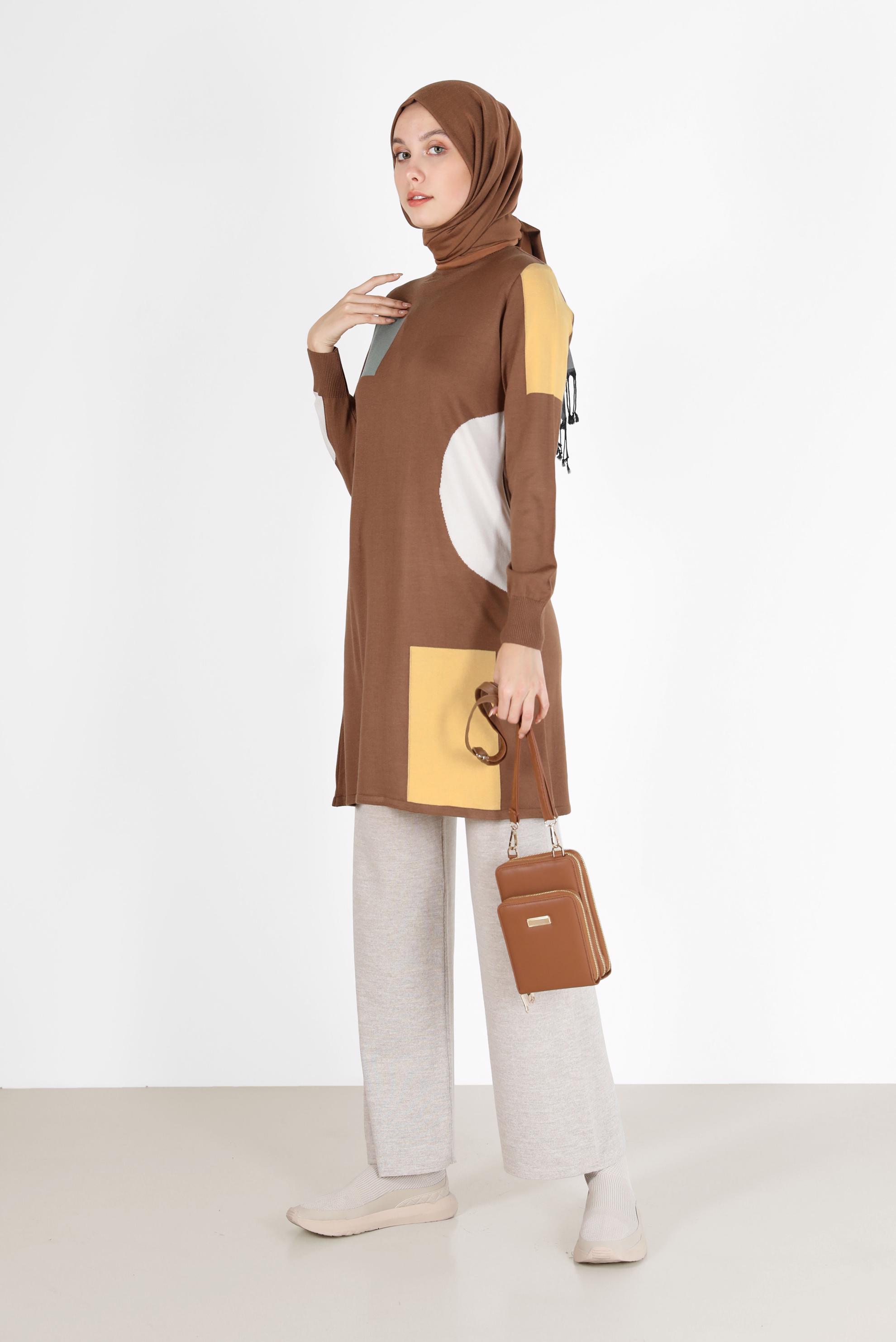 Tesettür giyim TABA DESENLİ BALIKÇI YAKA TRİKO TUNİK 42035 