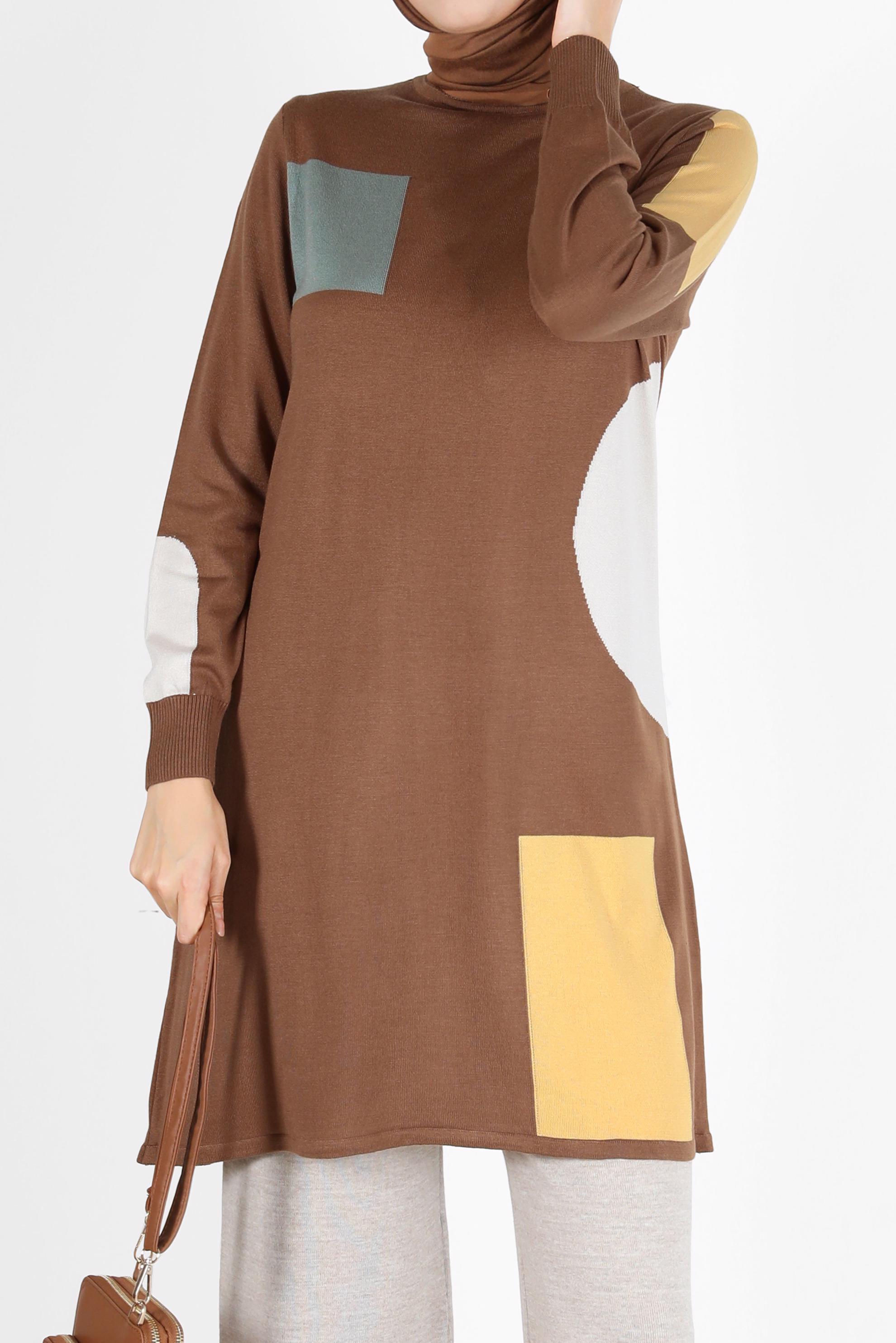 Tesettür giyim TABA DESENLİ BALIKÇI YAKA TRİKO TUNİK 42035 