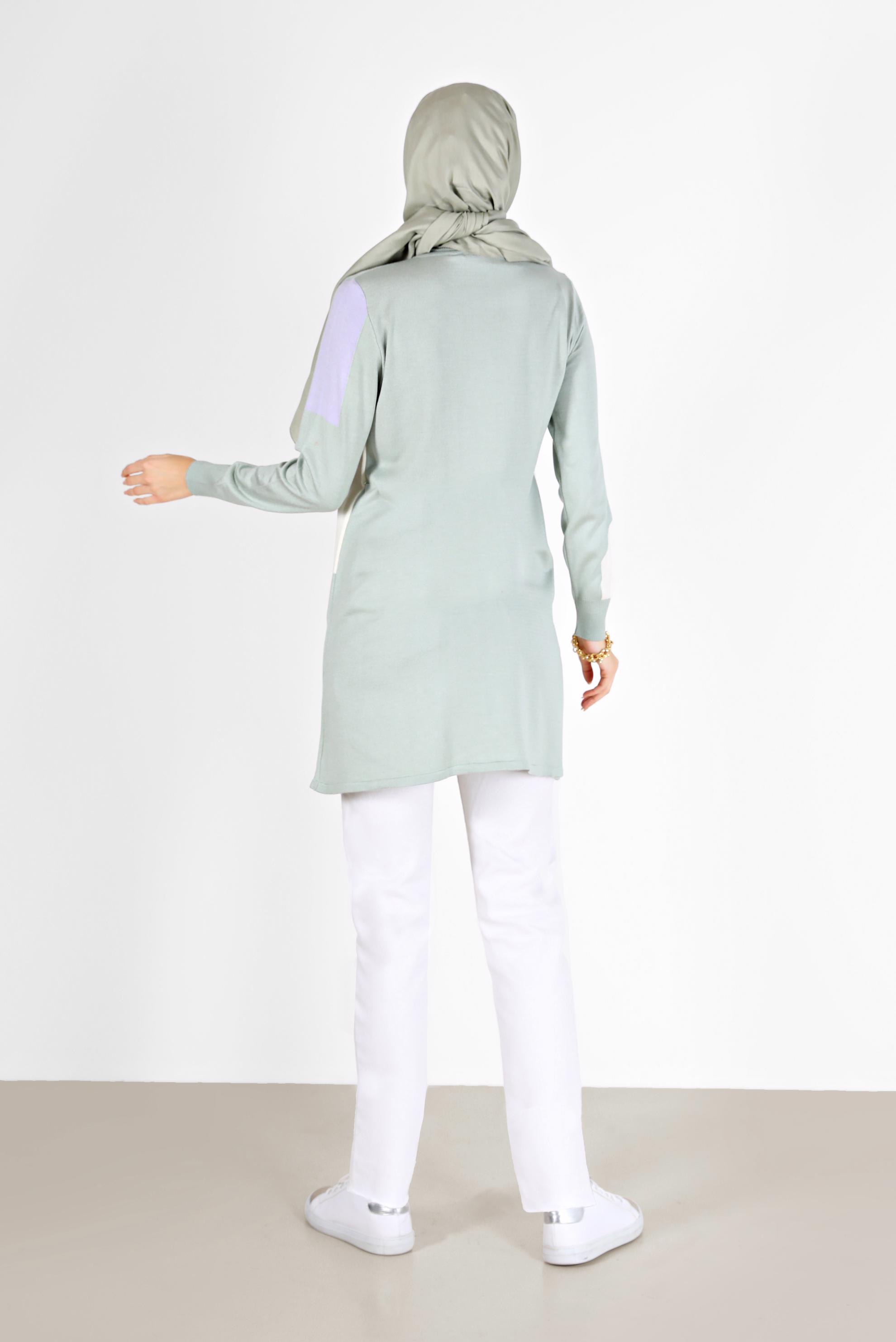 Tesettür giyim YEŞİL DESENLİ BALIKÇI YAKA TRİKO TUNİK 42035 