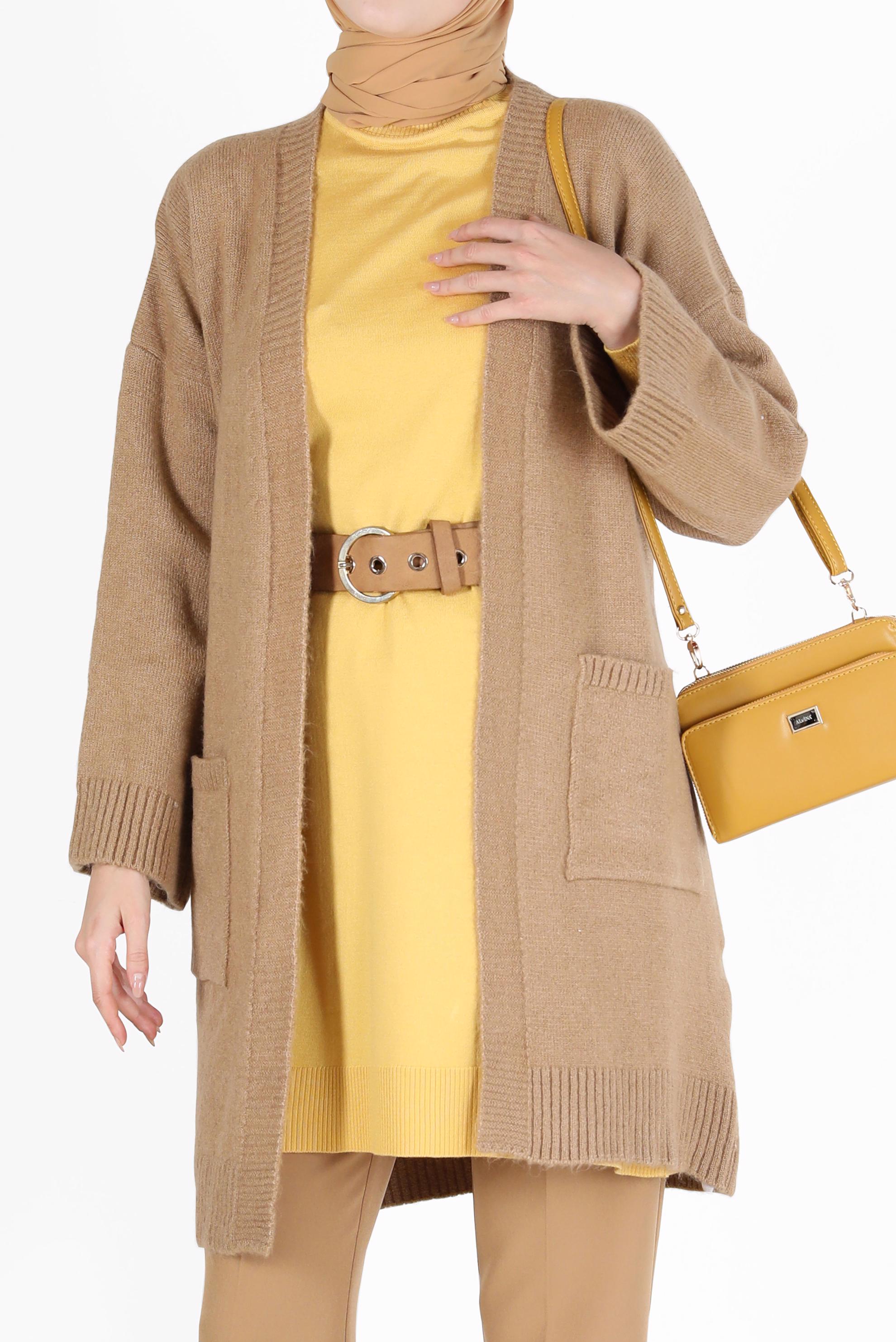 Tesettür giyim SARI KOLLARI KENDİNDEN DESENLİ TRİKO TUNİK 42036 