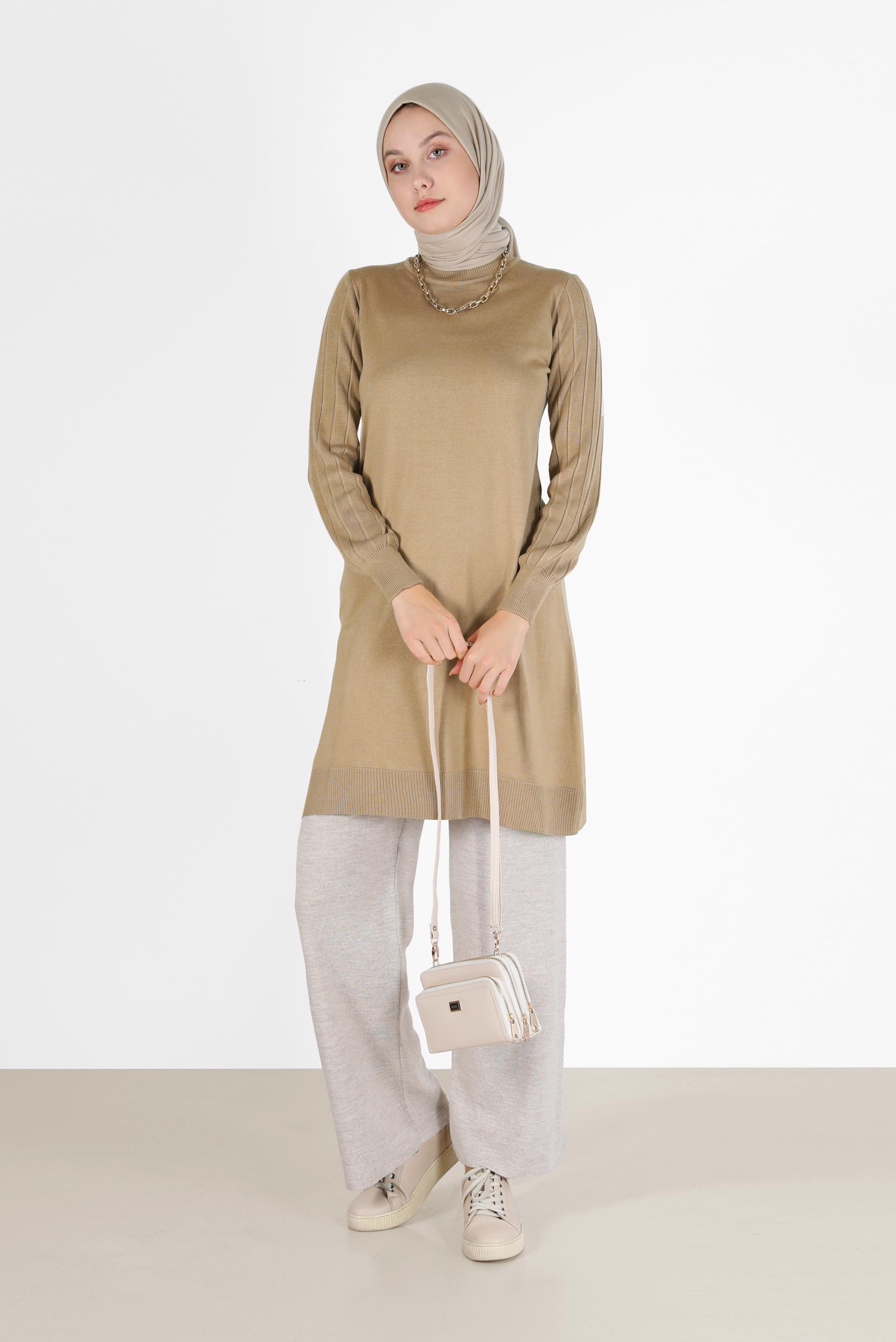 Hijab clothing BROWN KNITWEAR TUNIC WITH PATTERNED SLEEVES 42036 