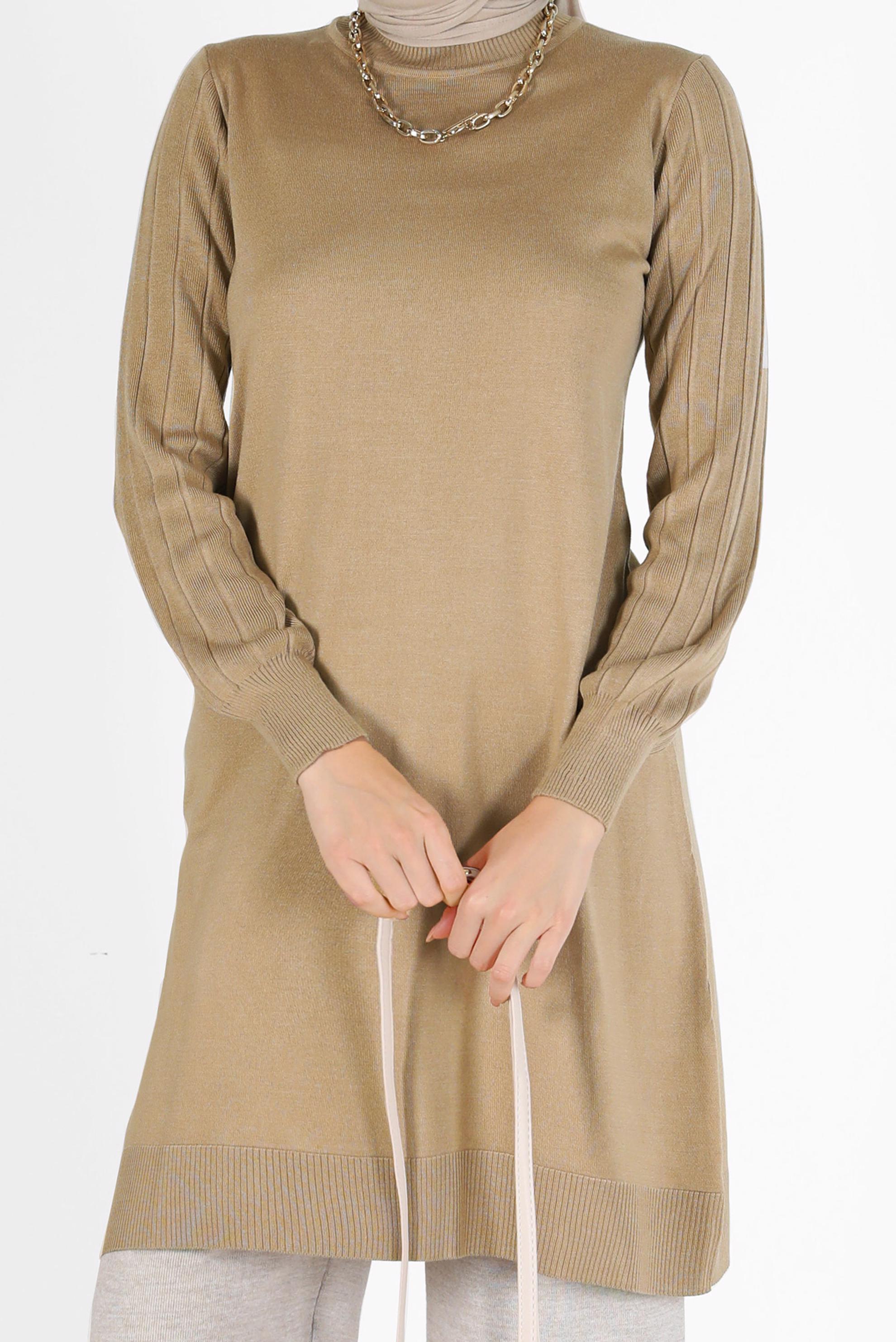 Hijab clothing BROWN KNITWEAR TUNIC WITH PATTERNED SLEEVES 42036 