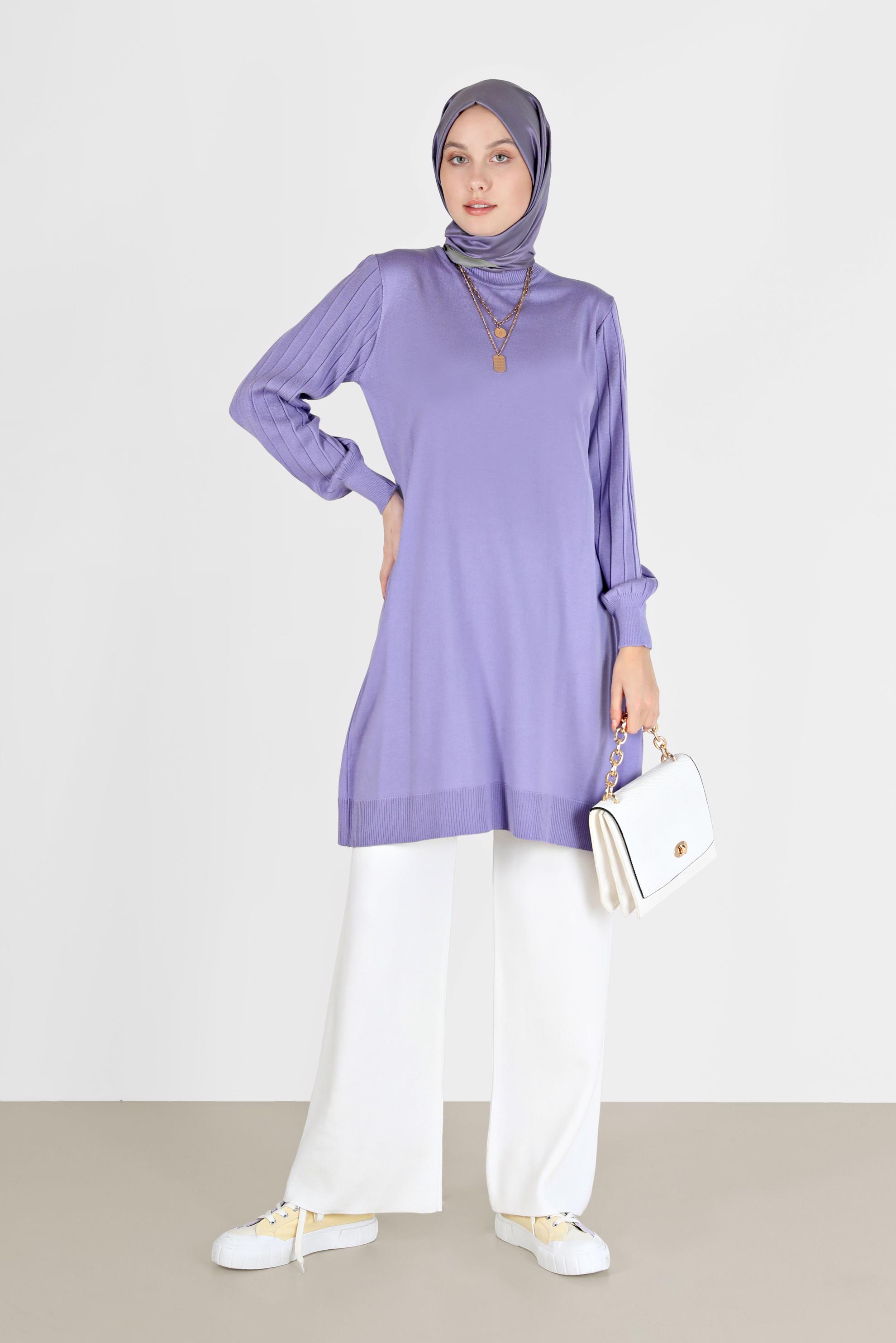 Tesettür giyim MOR KOLLARI KENDİNDEN DESENLİ TRİKO TUNİK 42036 