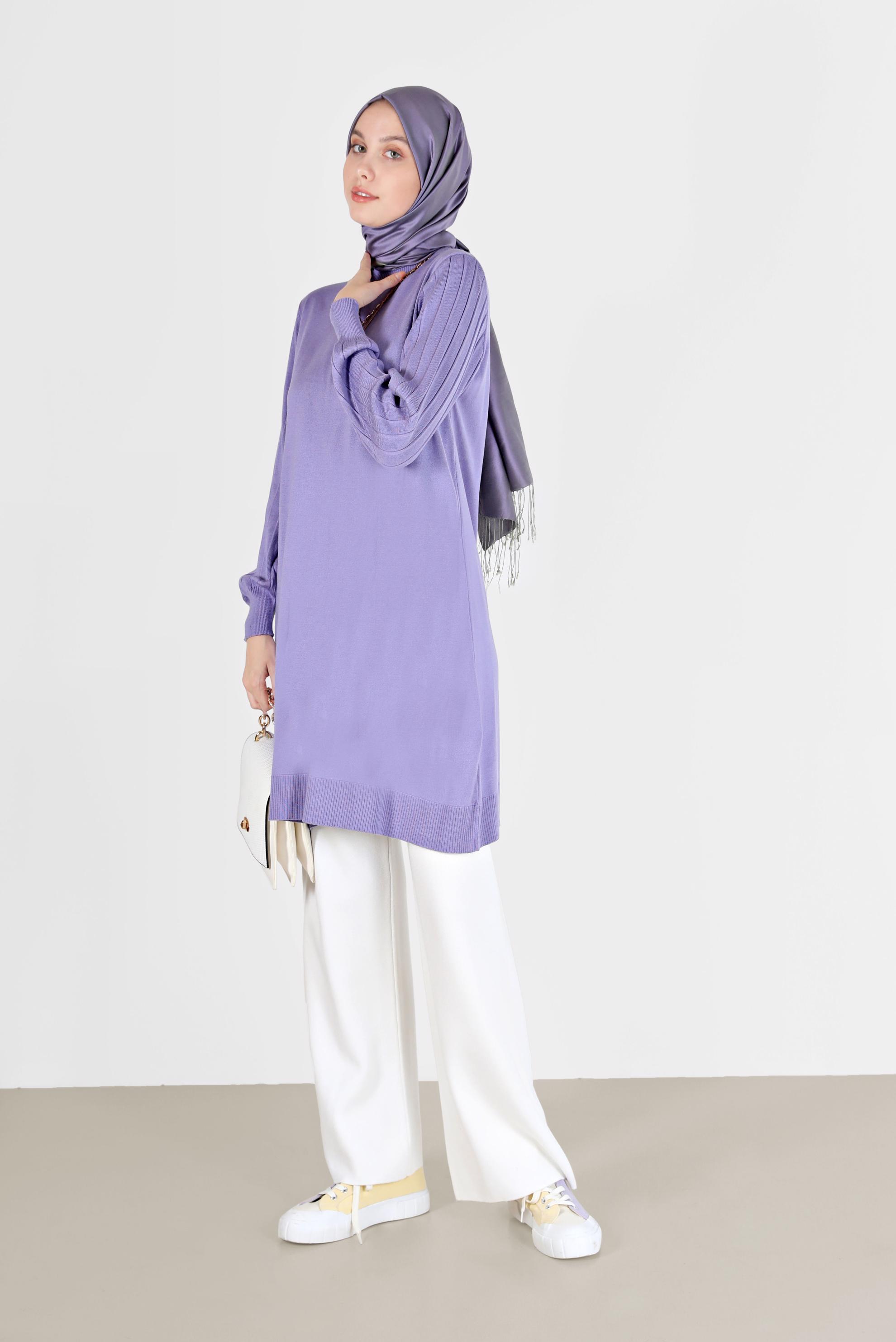 Tesettür giyim MOR KOLLARI KENDİNDEN DESENLİ TRİKO TUNİK 42036 