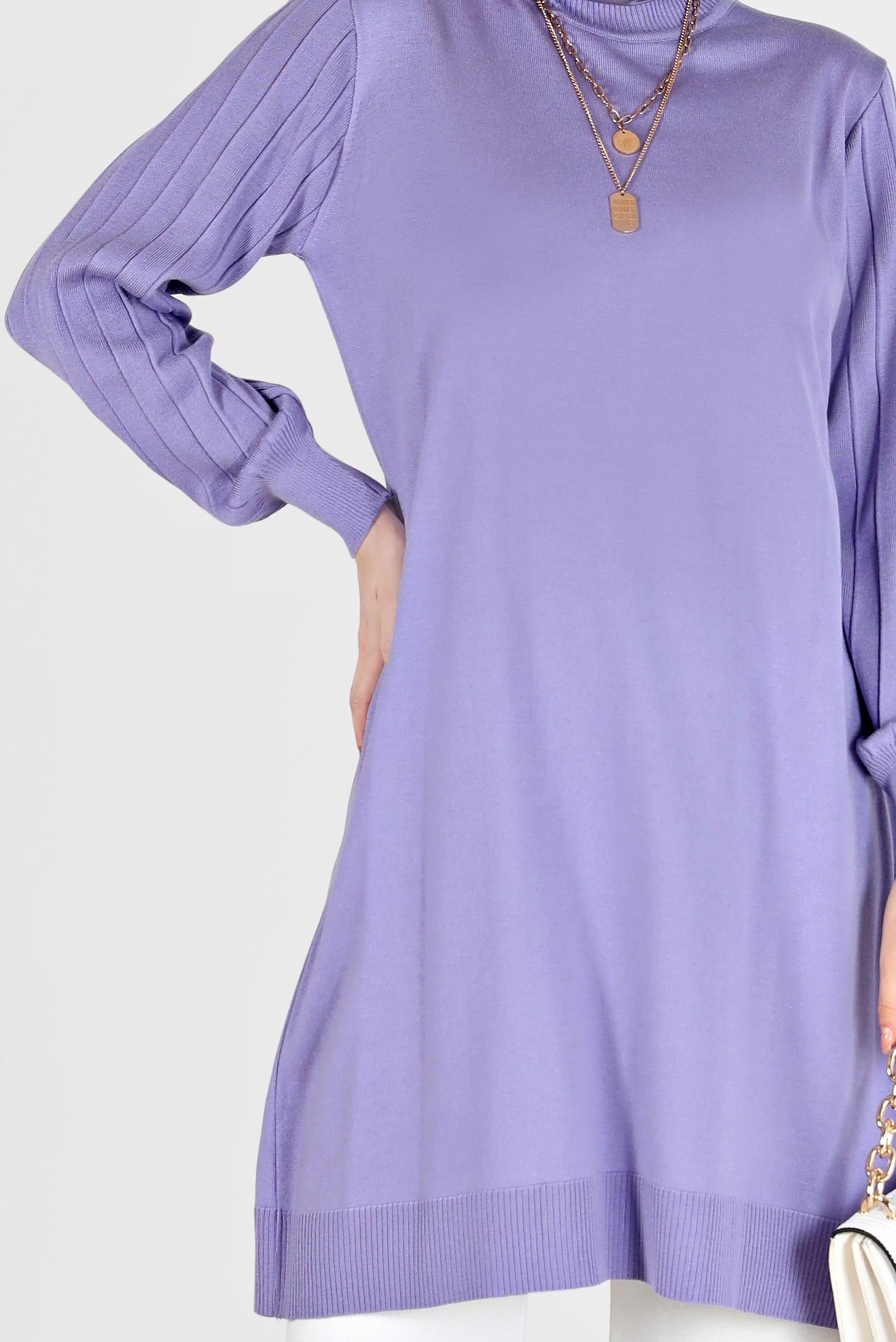 Tesettür giyim MOR KOLLARI KENDİNDEN DESENLİ TRİKO TUNİK 42036 