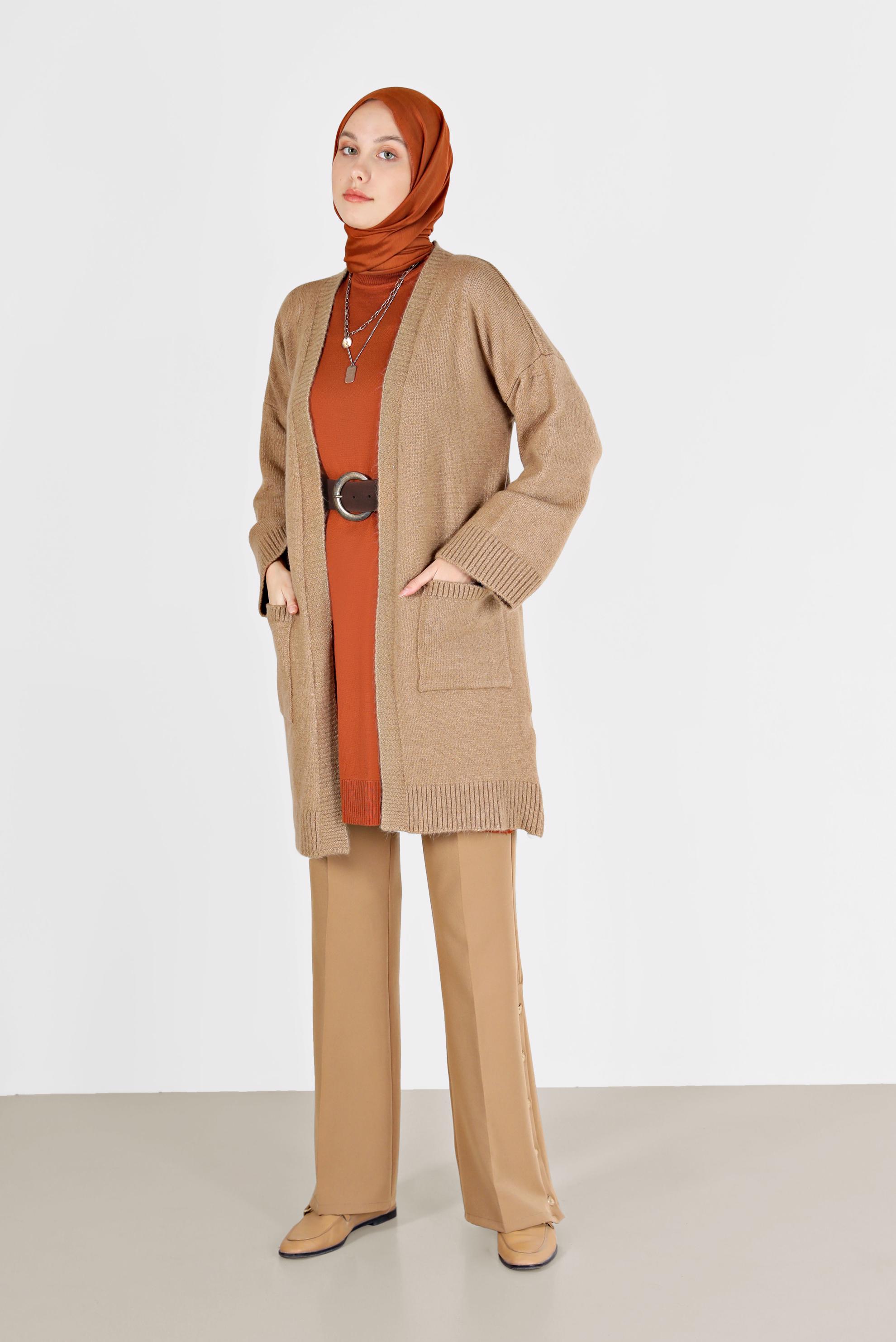 Tesettür giyim TURUNCU KOLLARI KENDİNDEN DESENLİ TRİKO TUNİK 42036 