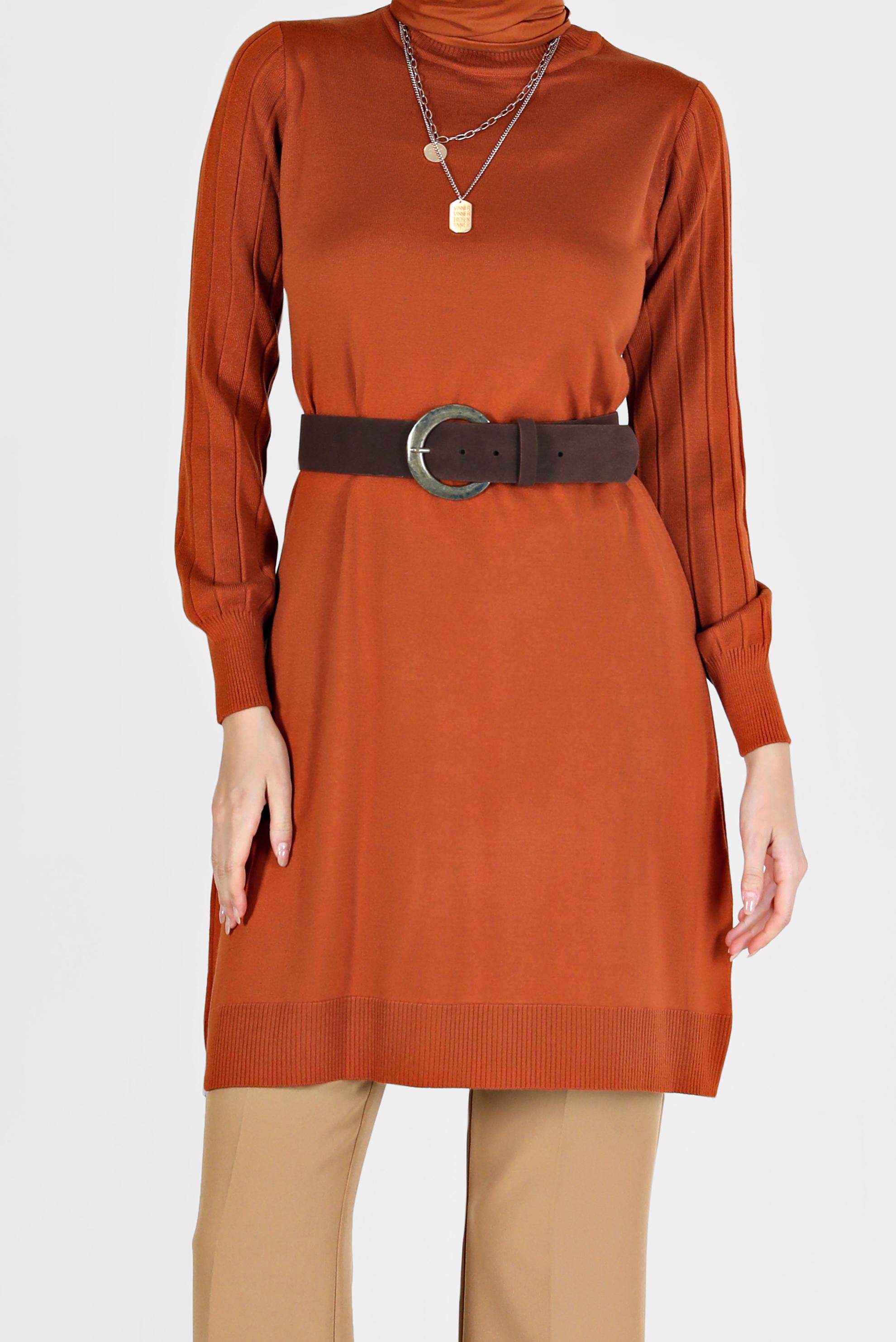 Tesettür giyim TURUNCU KOLLARI KENDİNDEN DESENLİ TRİKO TUNİK 42036 