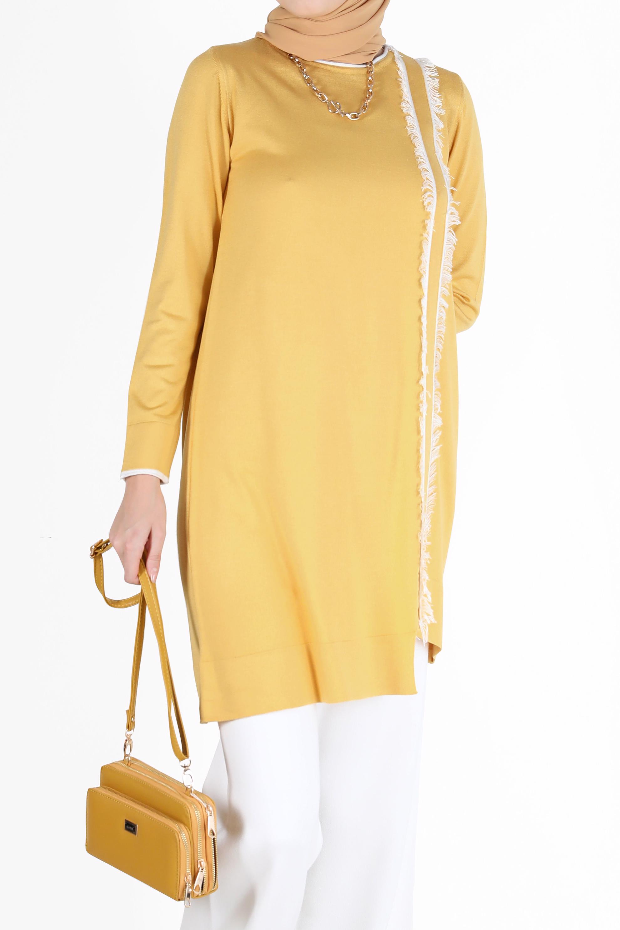 Tesettür giyim SARI PÜSKÜL DETAYLI TRİKO TUNİK 42037 
