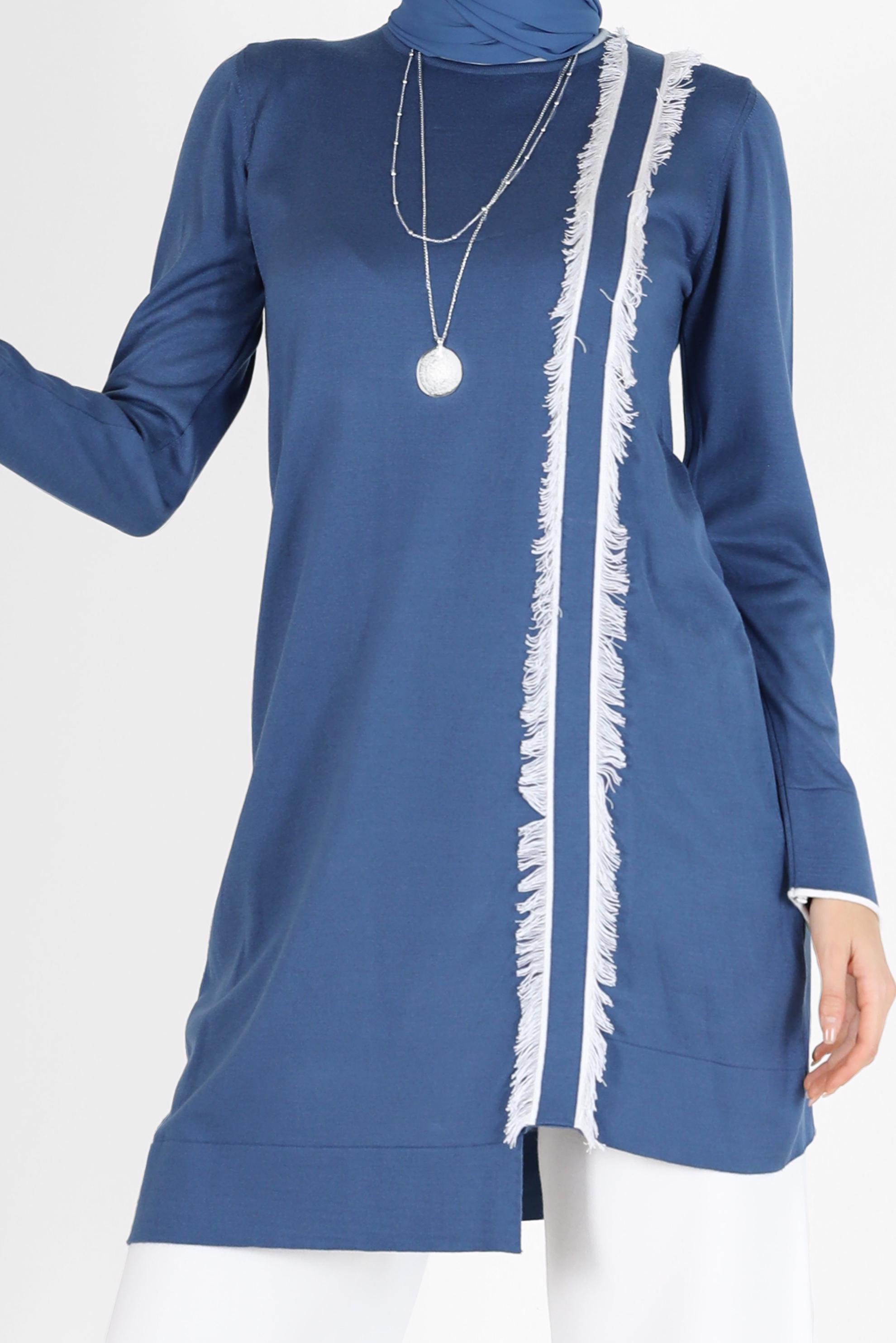 Tesettür giyim LACİVERT PÜSKÜL DETAYLI TRİKO TUNİK 42037 