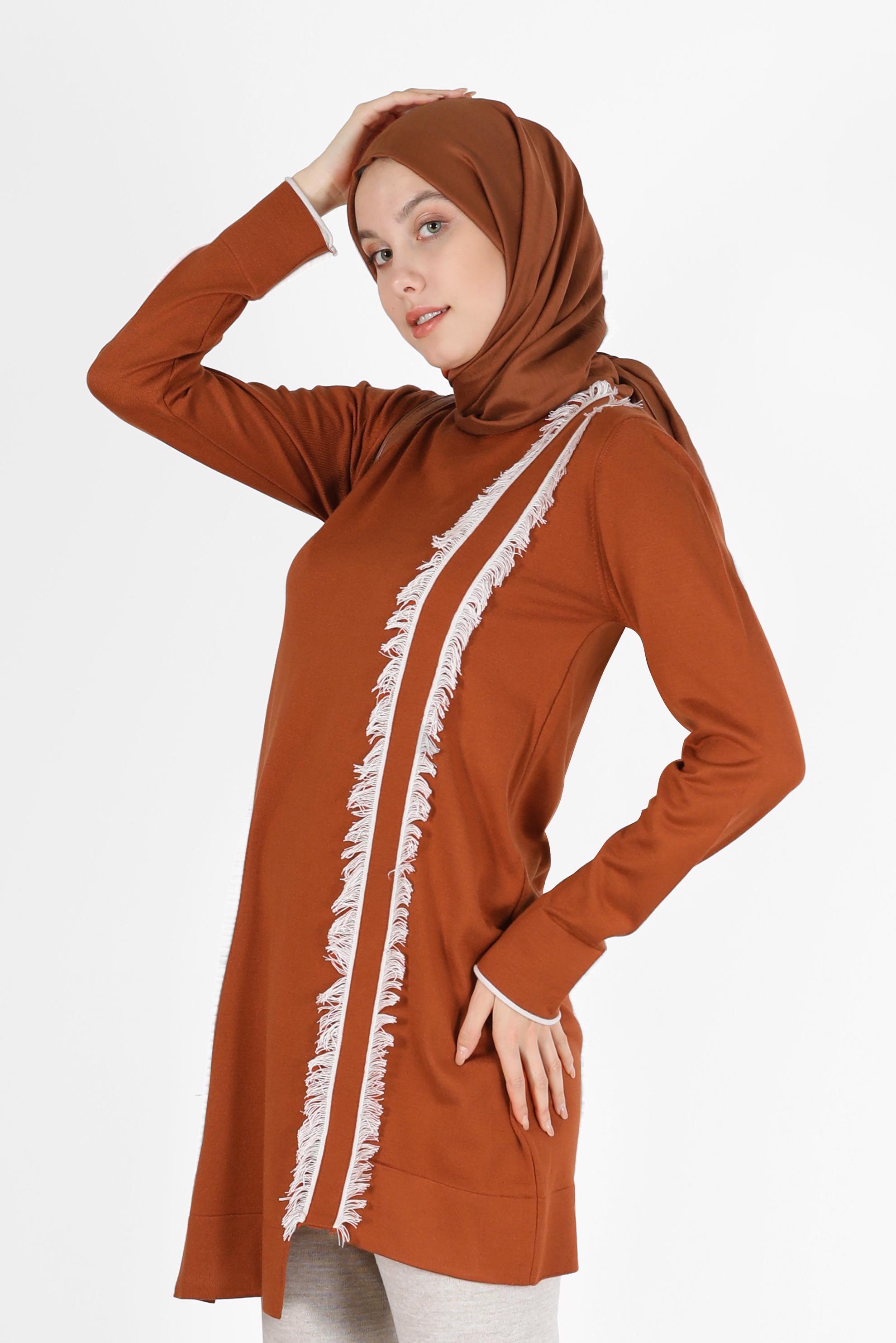 Vêtements hijab ORANGE TUNIQUE MAILLE DÉTAILLÉE FRANGES 42037