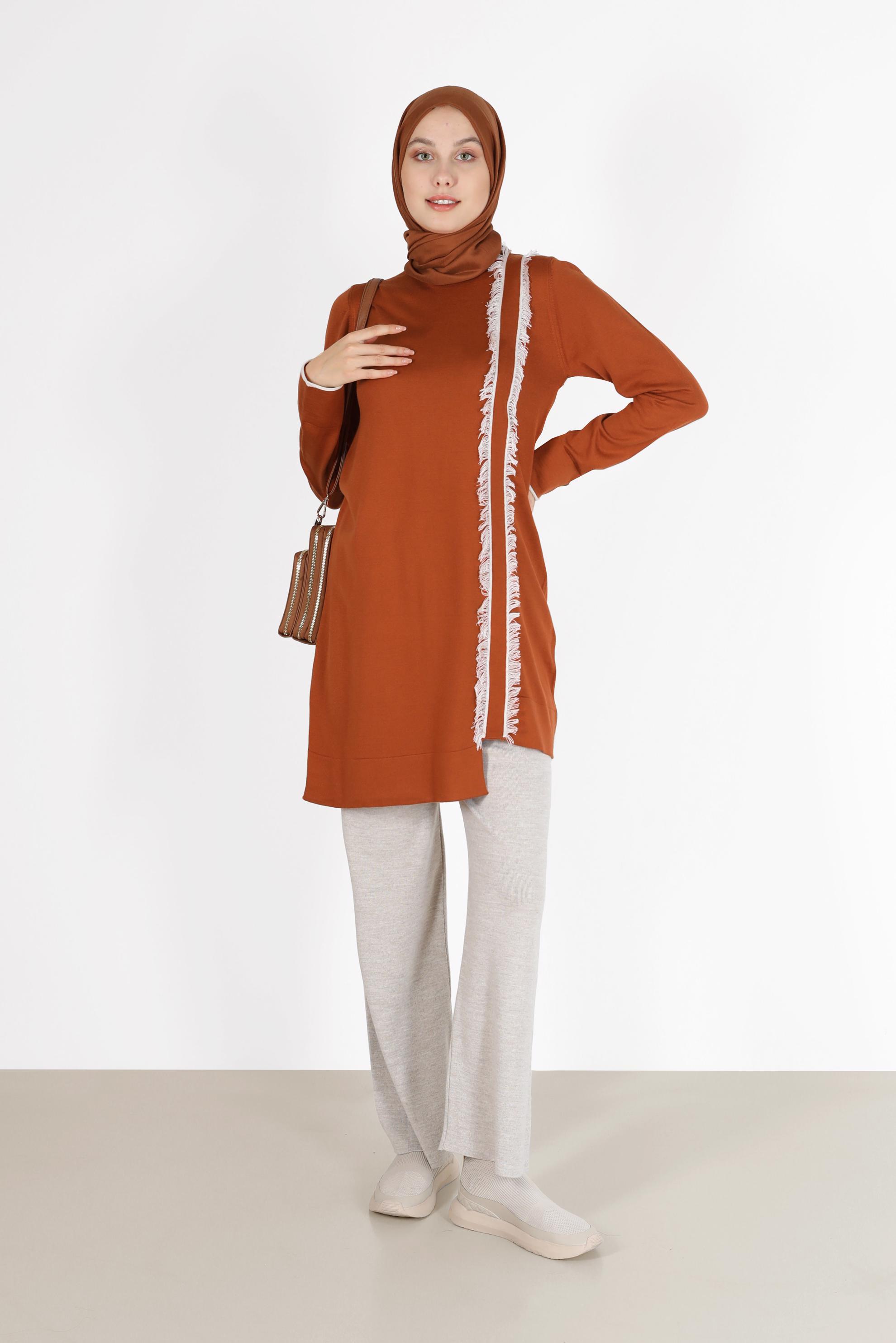 Vêtements hijab ORANGE TUNIQUE MAILLE DÉTAILLÉE FRANGES 42037