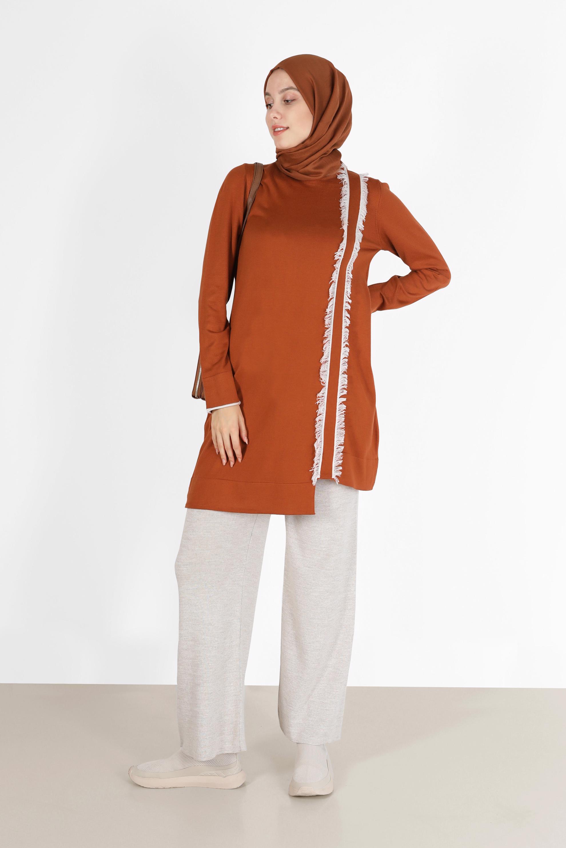 Vêtements hijab ORANGE TUNIQUE MAILLE DÉTAILLÉE FRANGES 42037