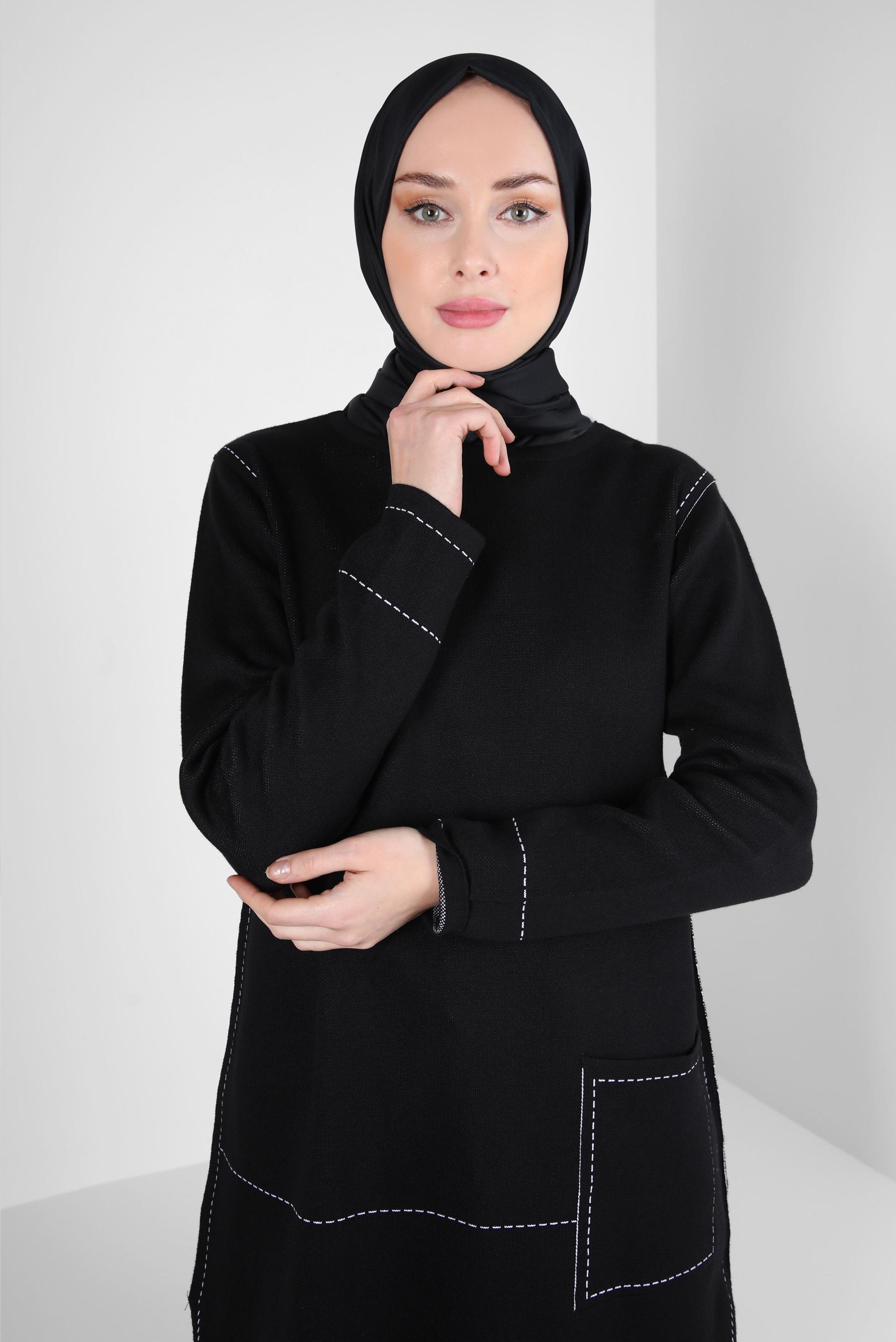 Tesettür giyim SİYAH CEP DETAYLI TRİKO TUNİK 42038 
