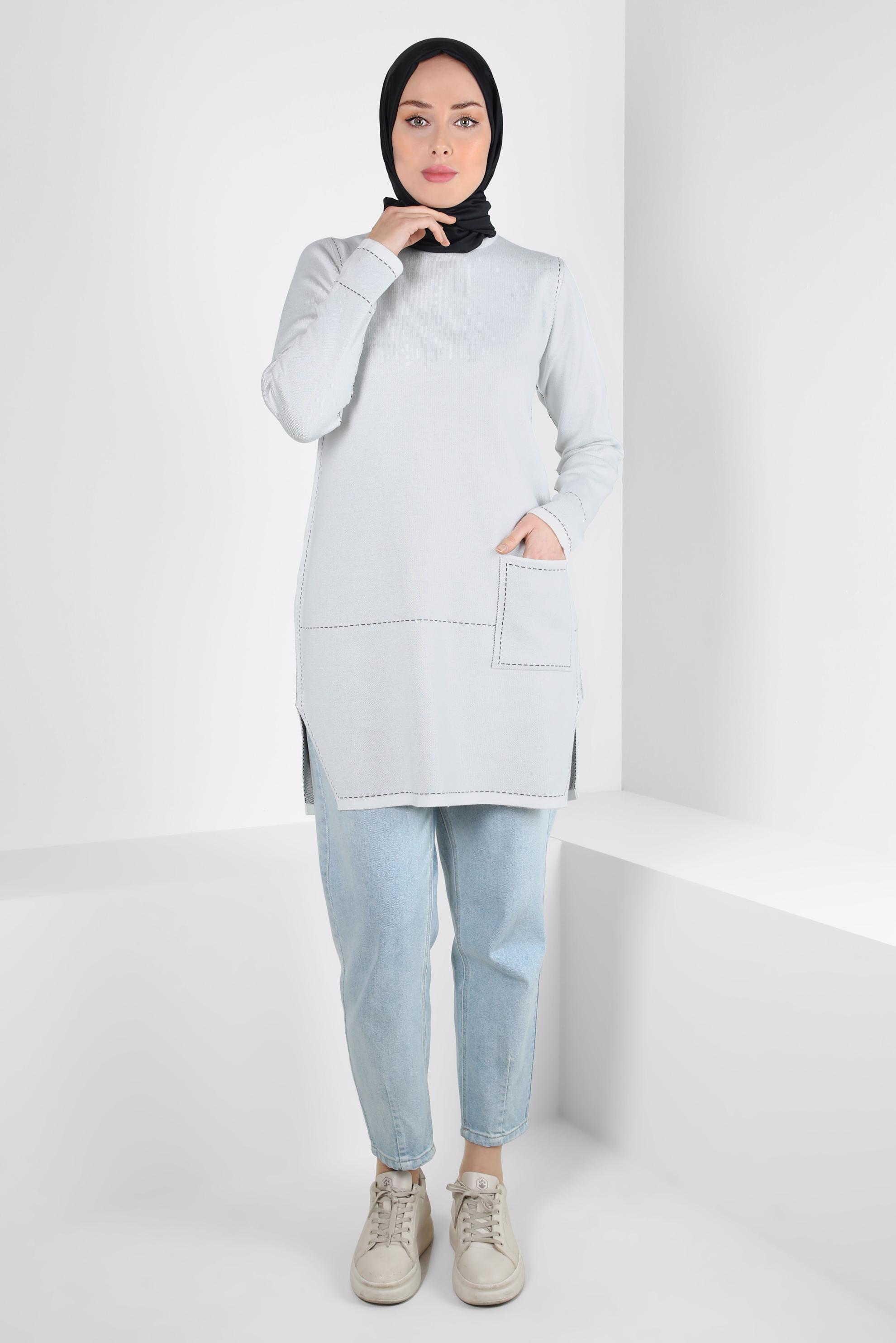 Tesettür giyim BEYAZ CEP DETAYLI TRİKO TUNİK 42038 