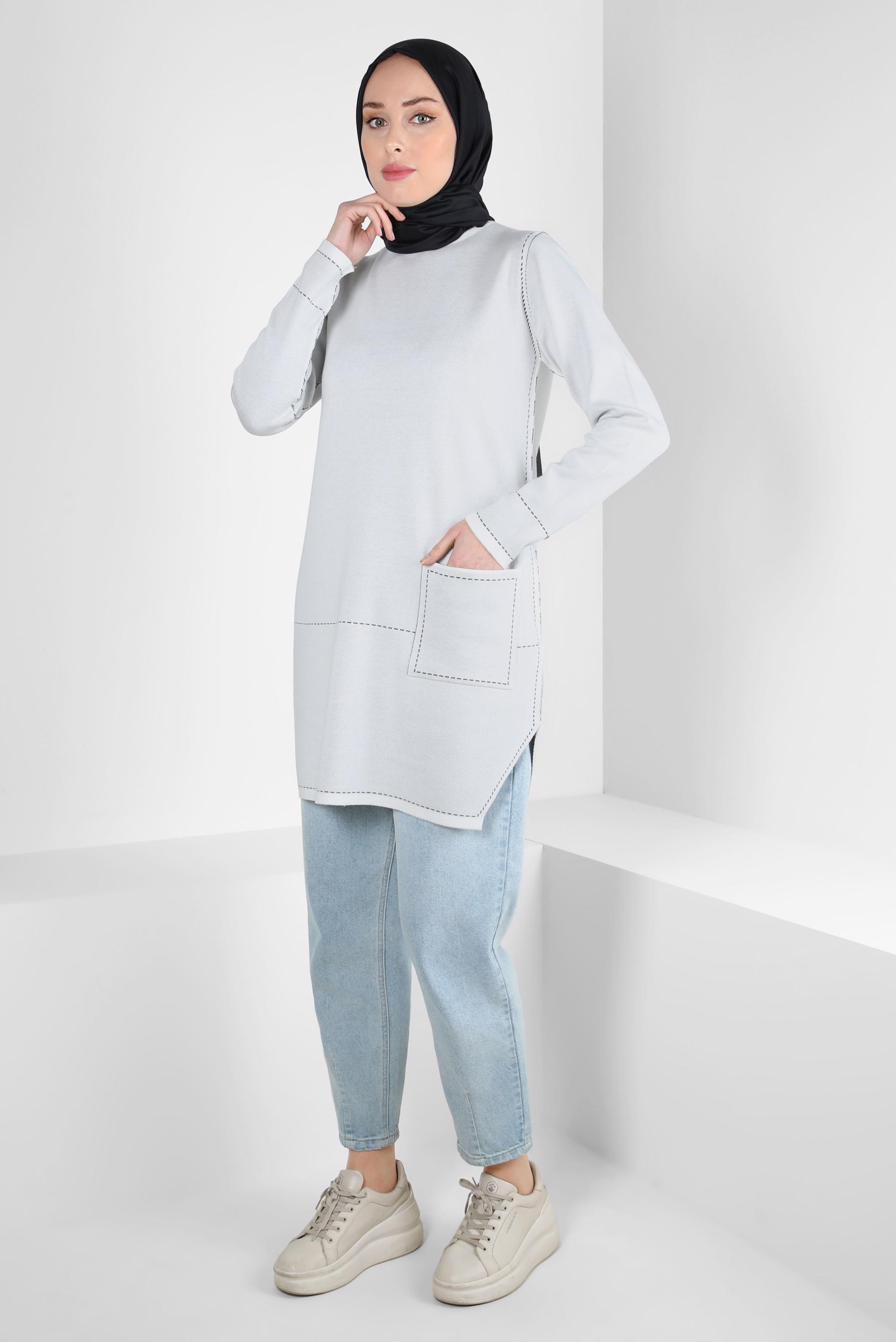 Tesettür giyim BEYAZ CEP DETAYLI TRİKO TUNİK 42038 