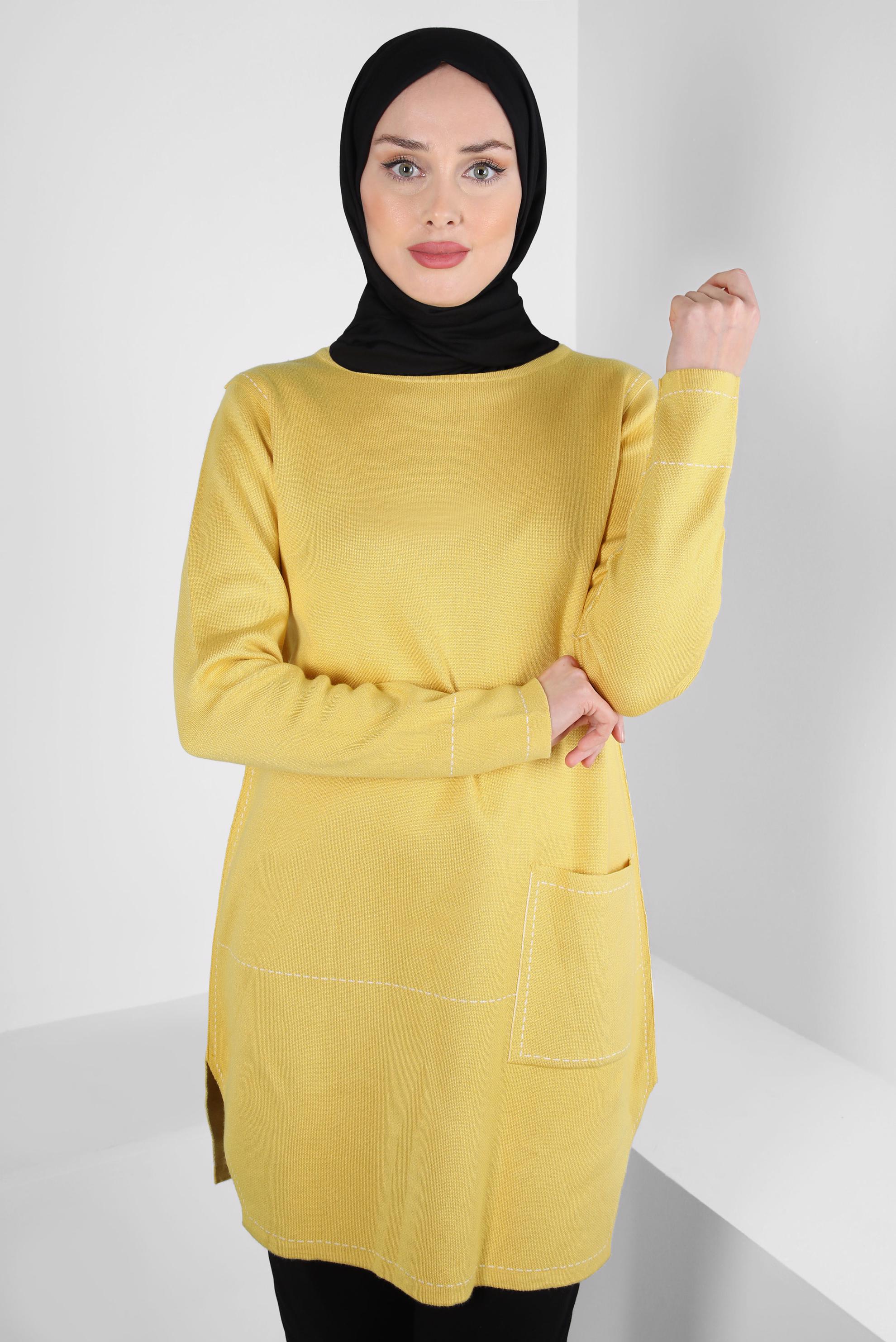 Tesettür giyim SARI CEP DETAYLI TRİKO TUNİK 42038 