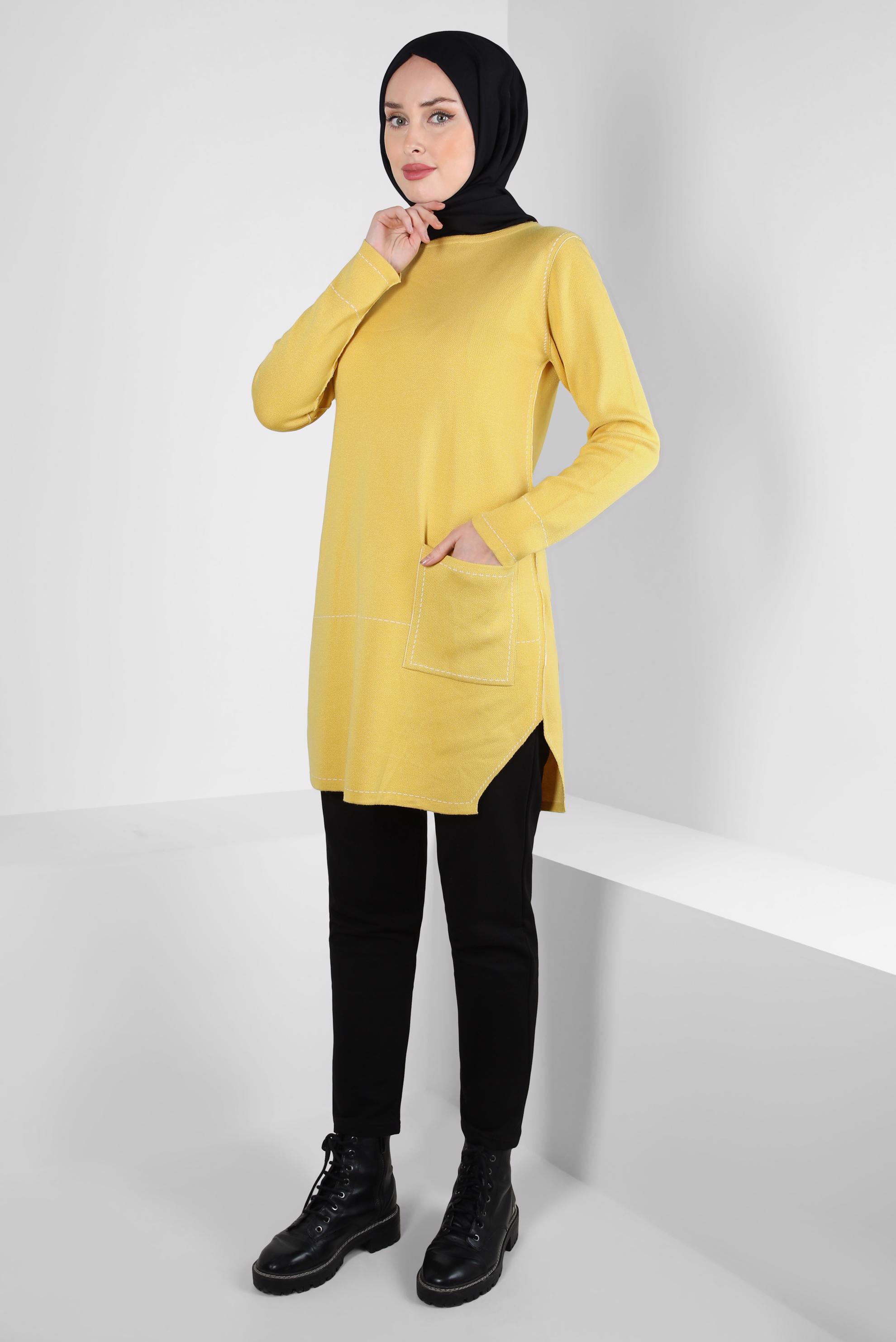 Tesettür giyim SARI CEP DETAYLI TRİKO TUNİK 42038 
