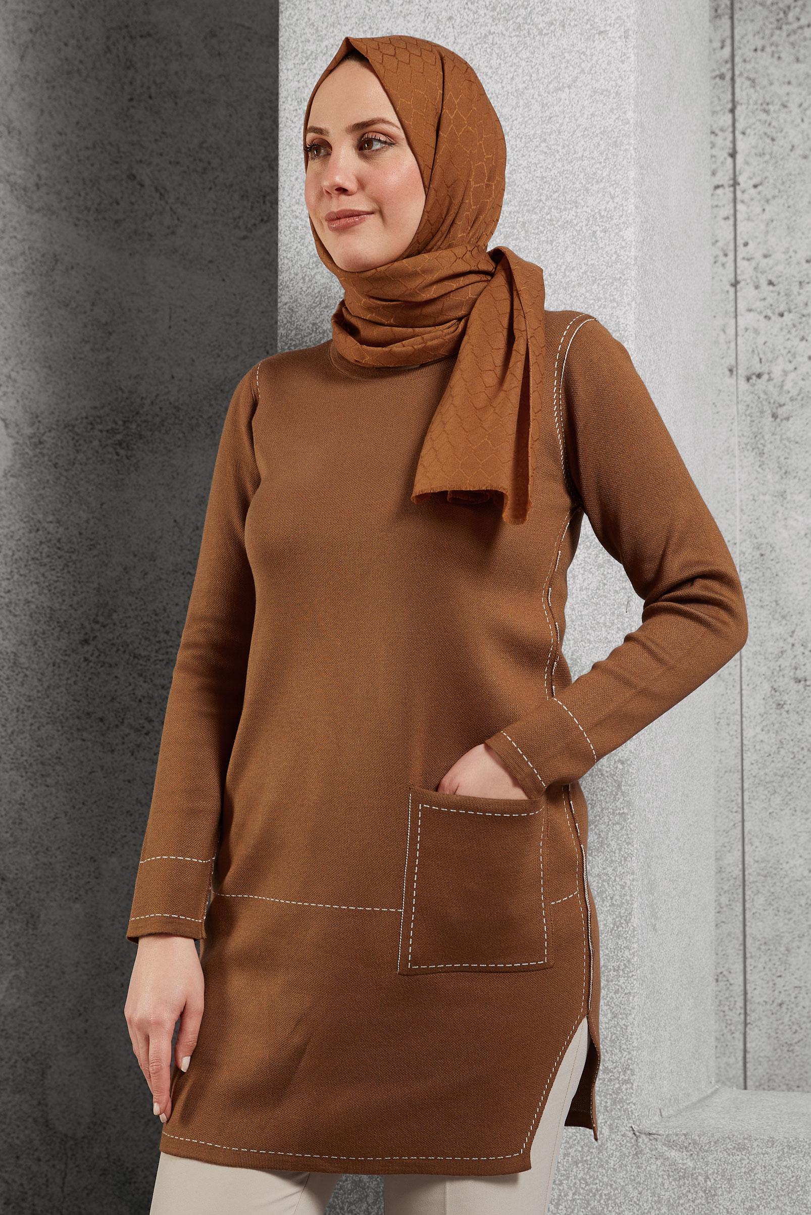 Tesettür giyim TABA CEP DETAYLI TRİKO TUNİK 42038 