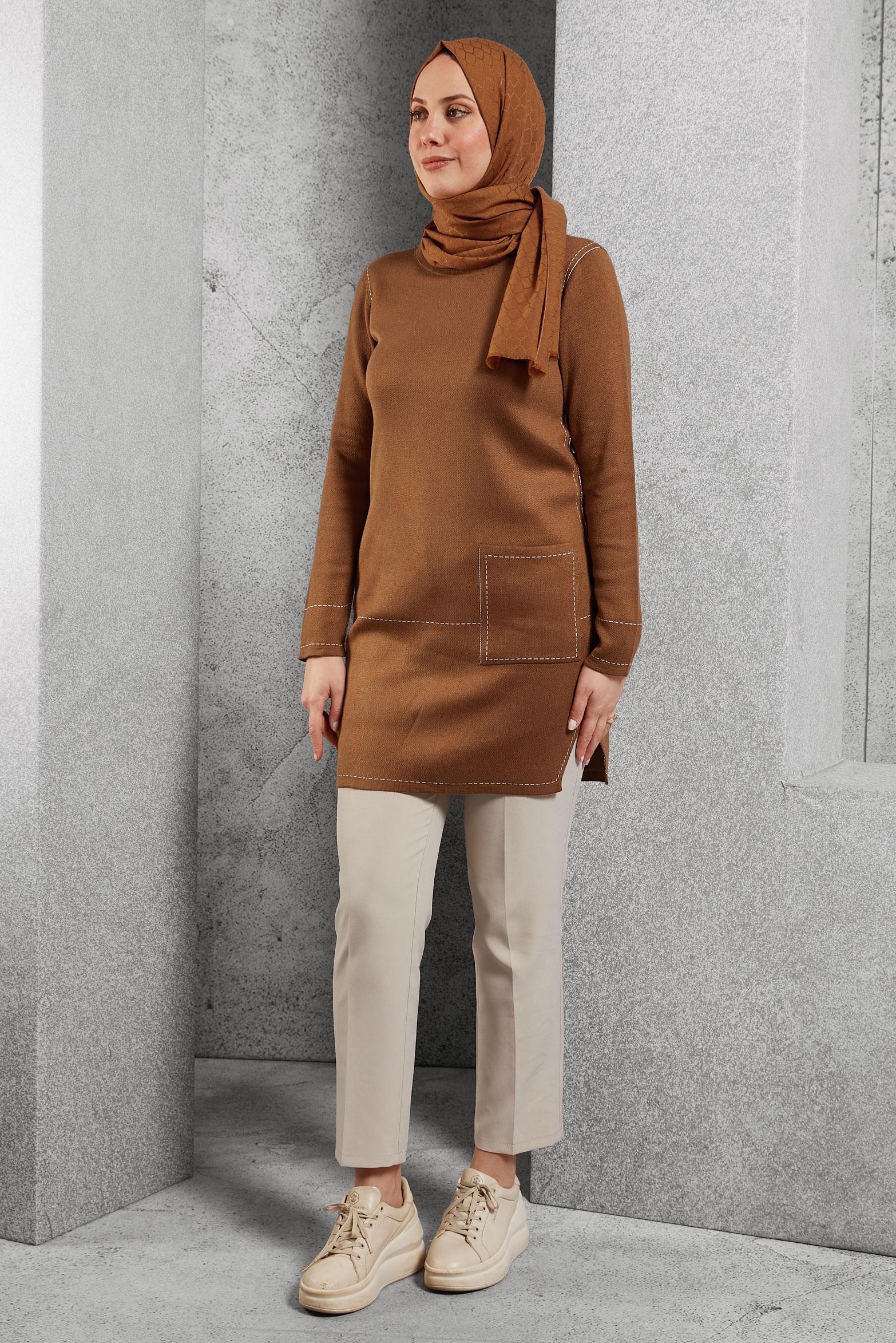 Tesettür giyim TABA CEP DETAYLI TRİKO TUNİK 42038 