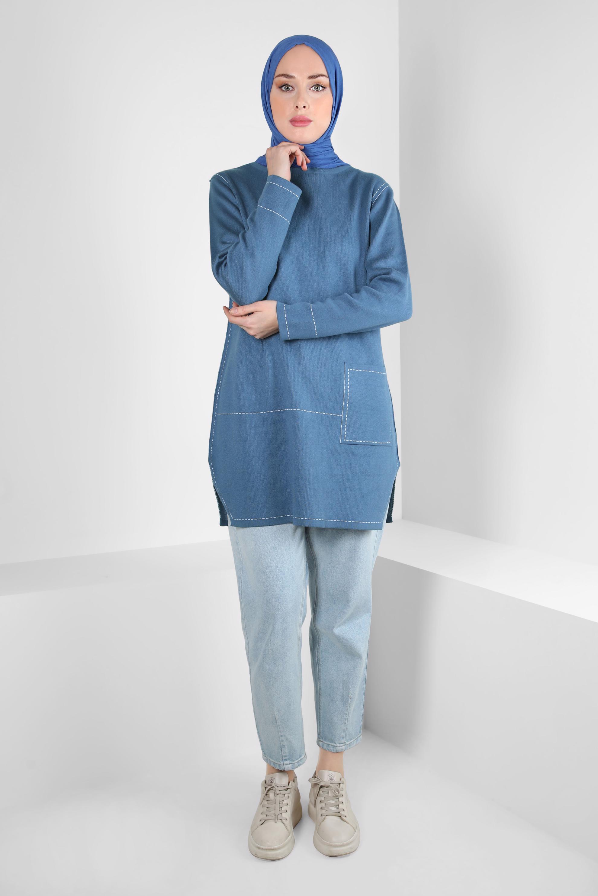 Tesettür giyim LACİVERT CEP DETAYLI TRİKO TUNİK 42038 