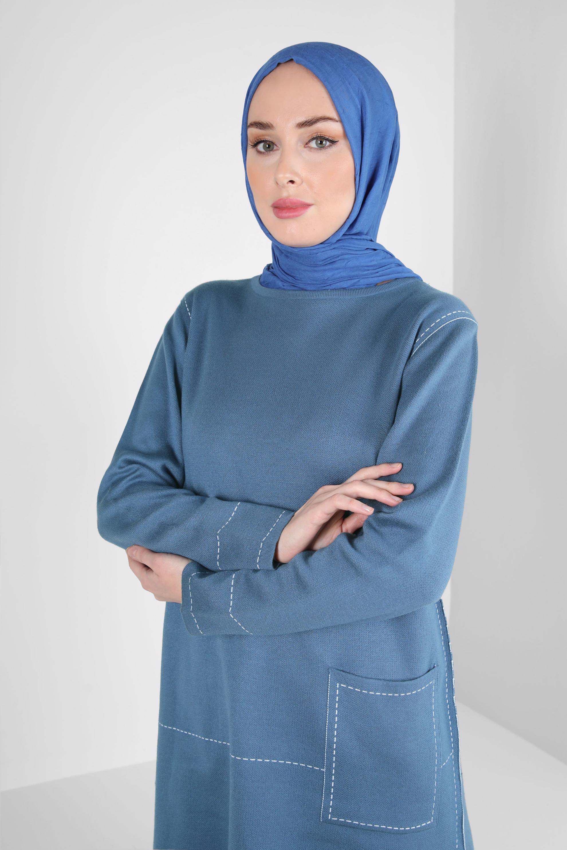 Tesettür giyim LACİVERT CEP DETAYLI TRİKO TUNİK 42038 