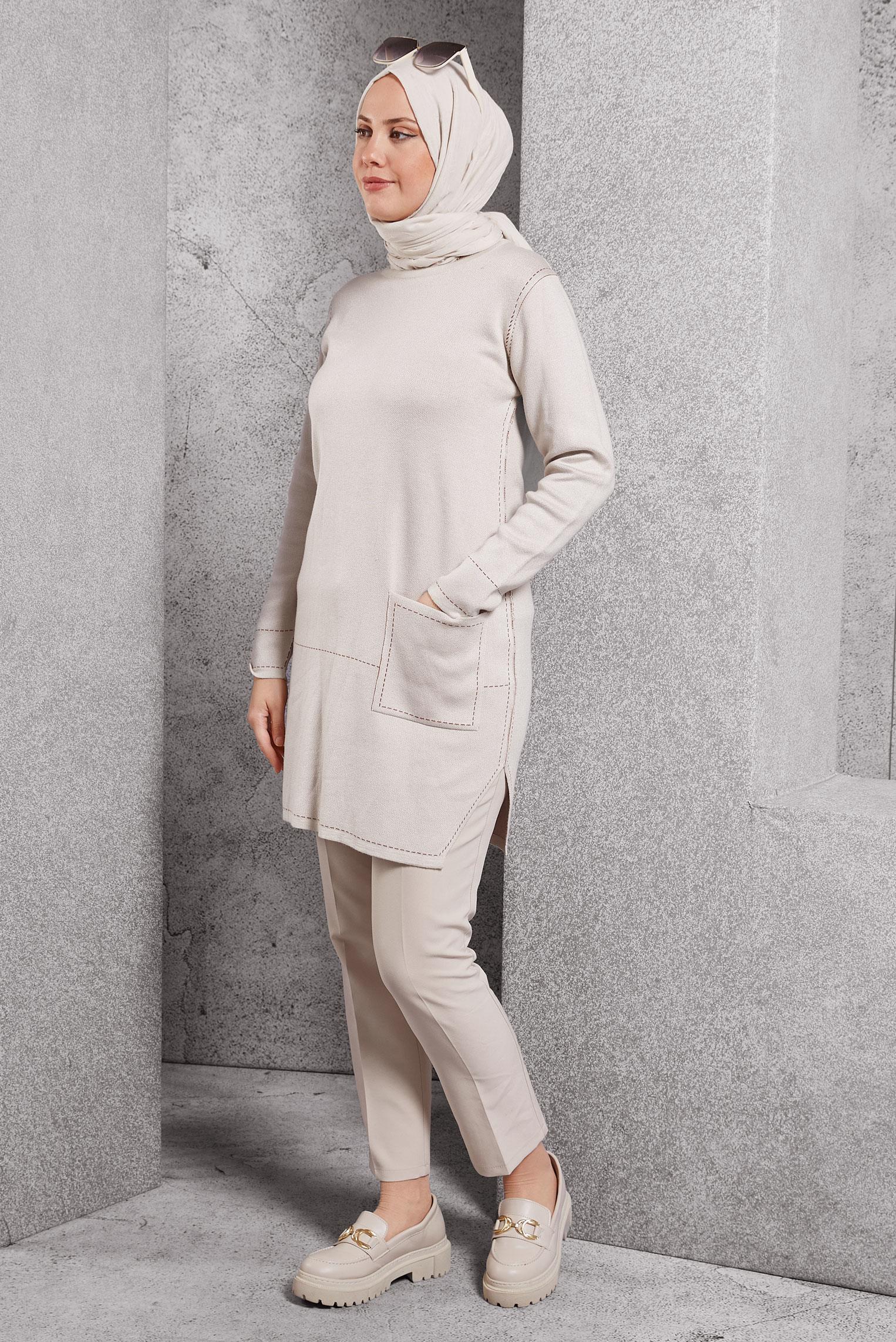 Tesettür giyim BEJ CEP DETAYLI TRİKO TUNİK 42038 