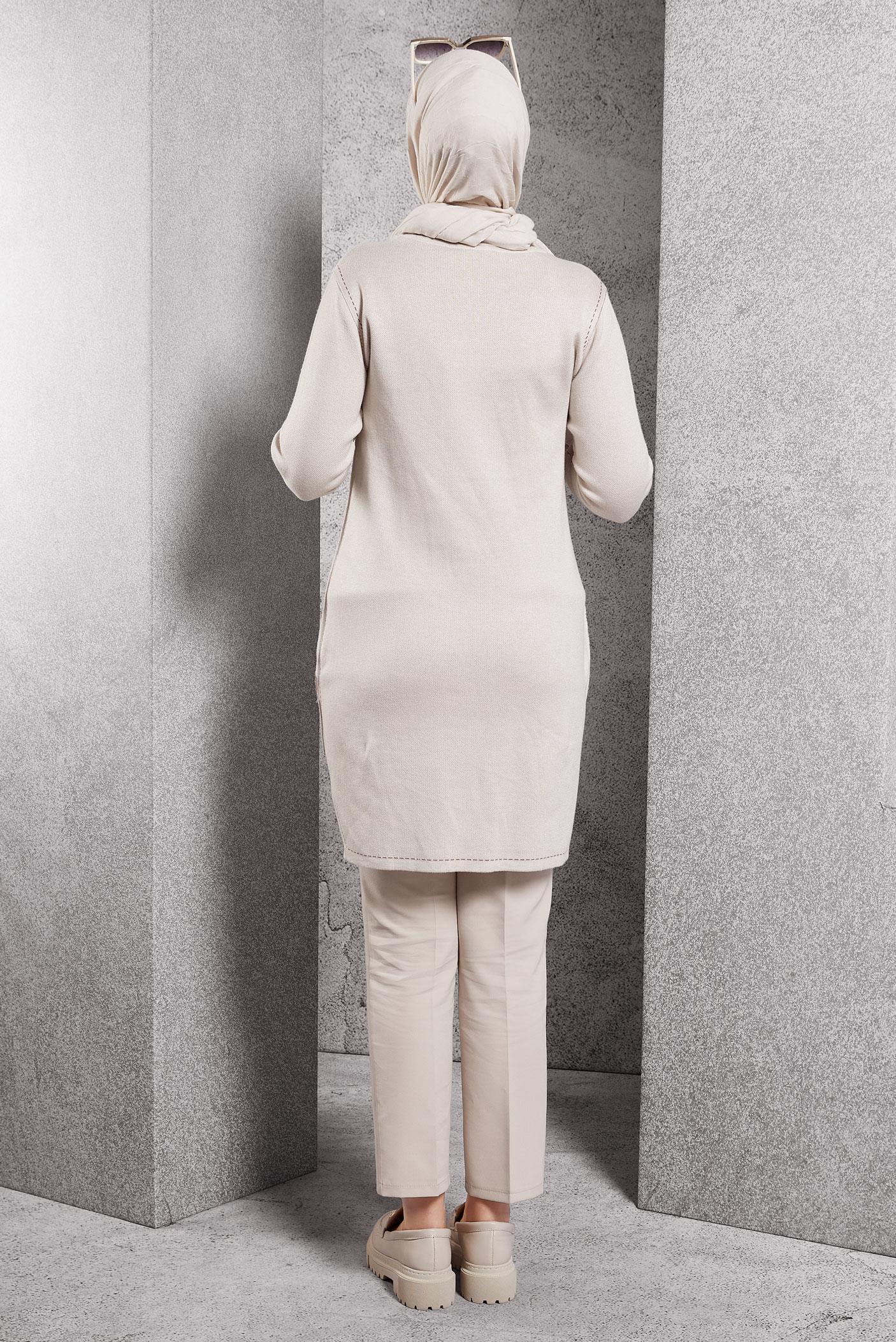 Tesettür giyim BEJ CEP DETAYLI TRİKO TUNİK 42038 