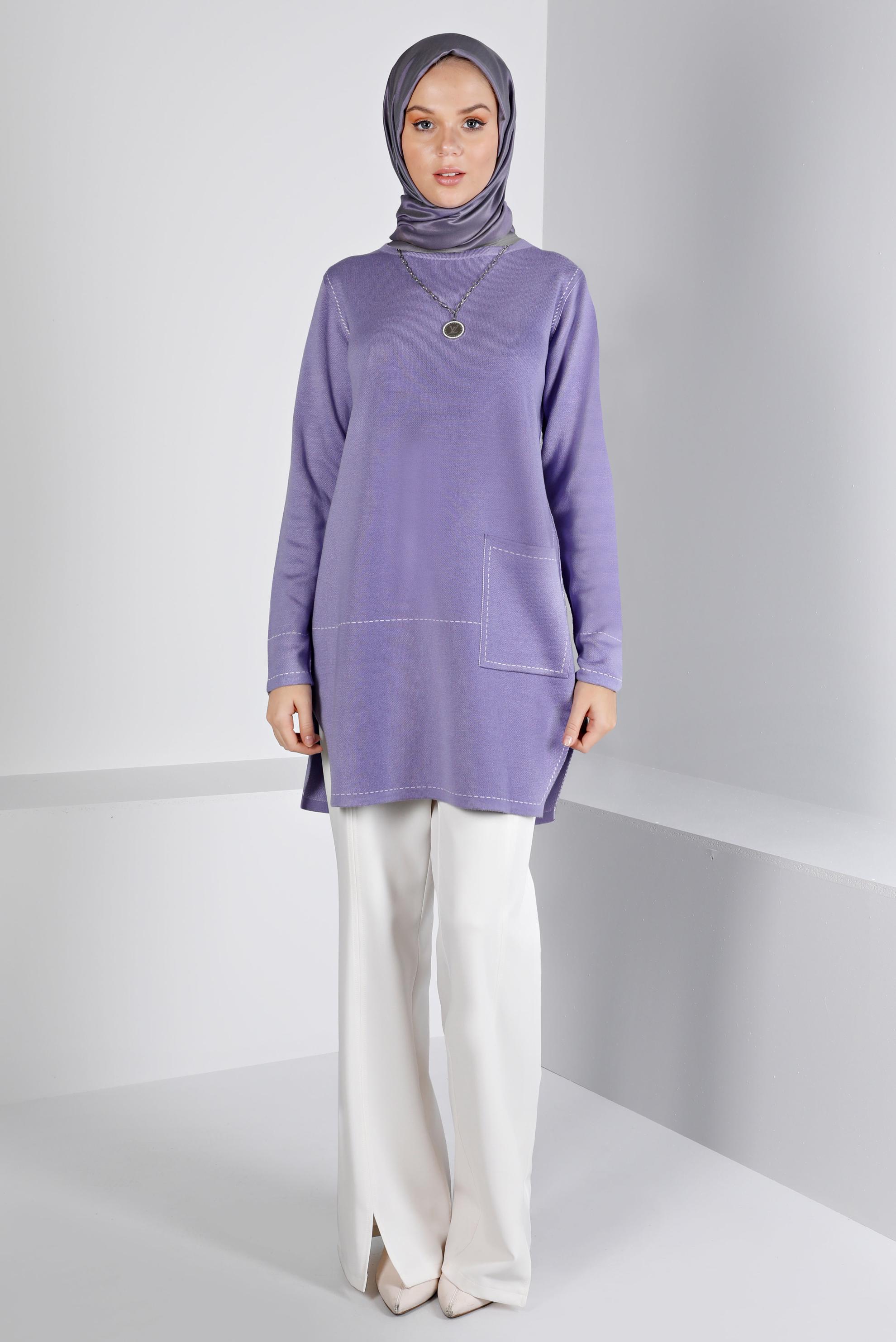 Tesettür giyim MOR CEP DETAYLI TRİKO TUNİK 42038 