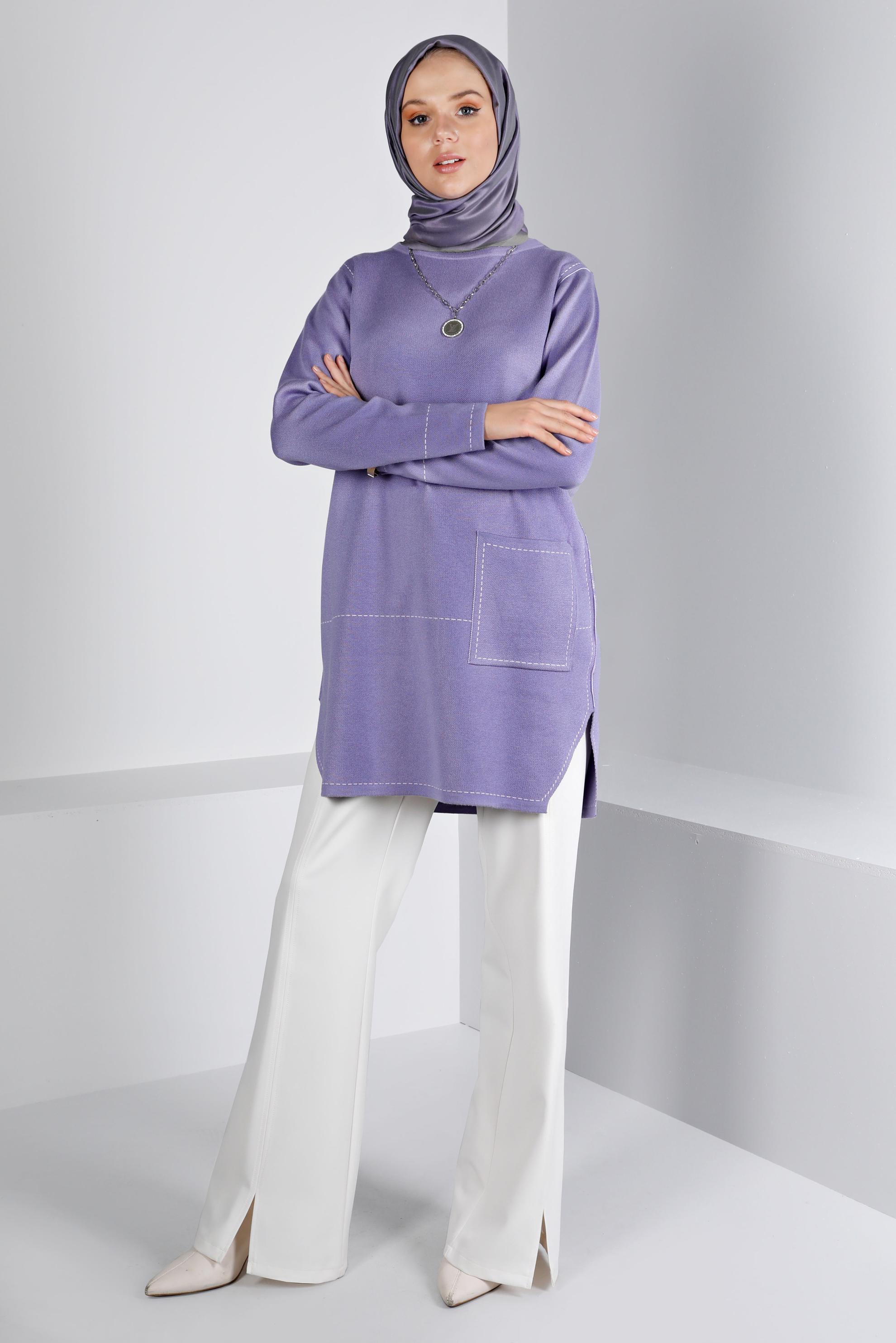 Tesettür giyim MOR CEP DETAYLI TRİKO TUNİK 42038 