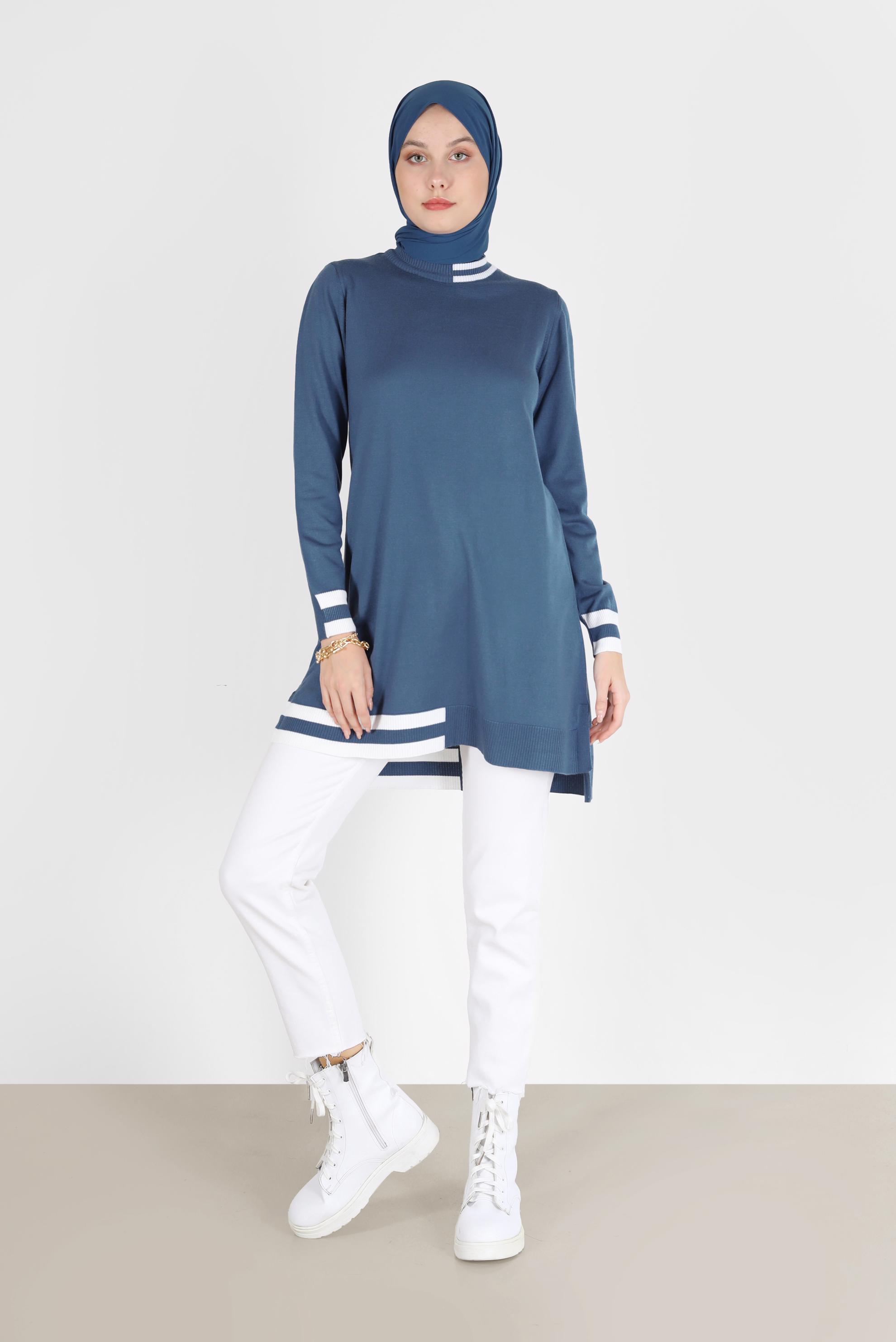 Tesettür giyim LACİVERT RENK BLOKLU TRİKO TUNİK 42039 
